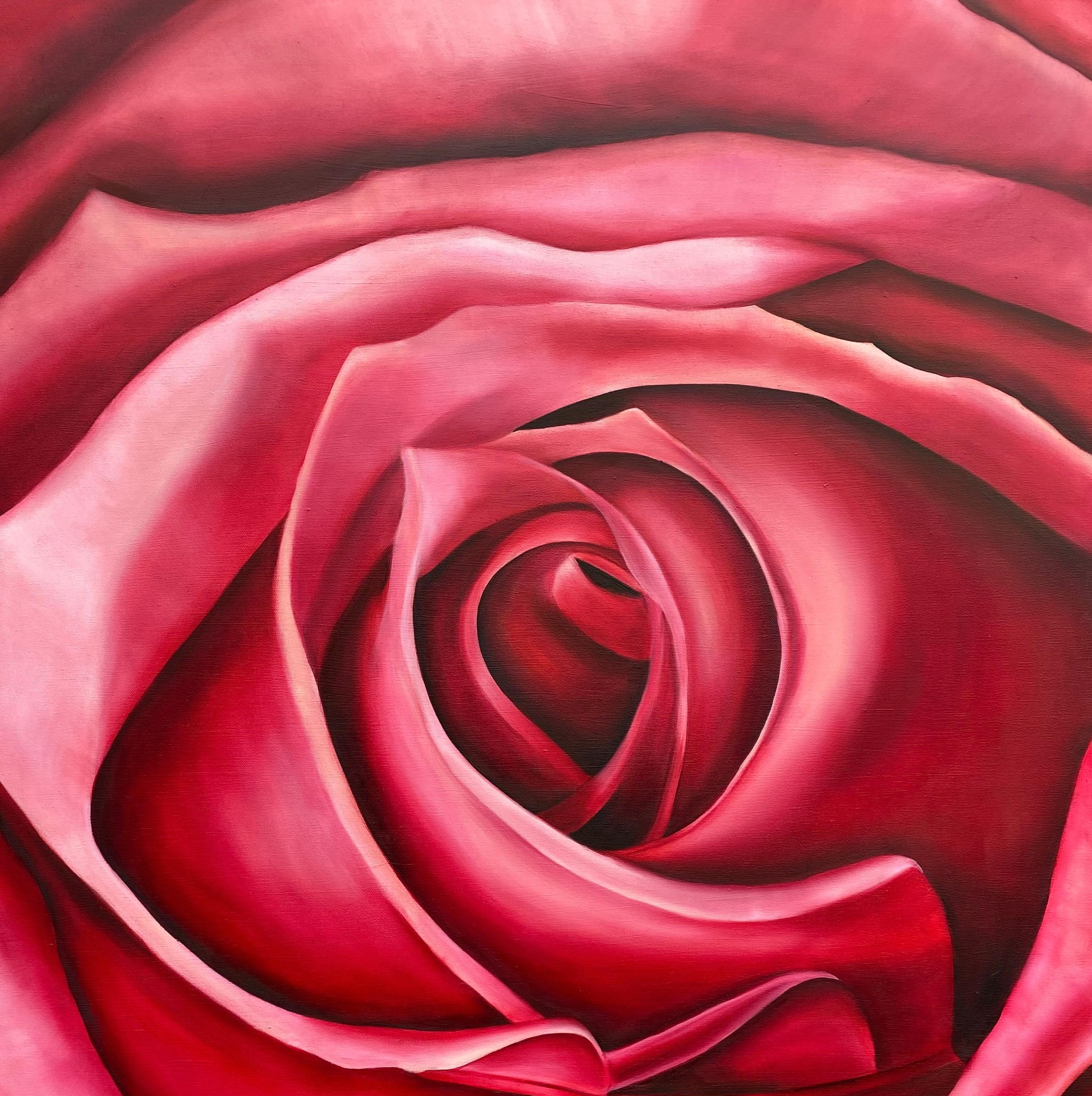 Rose rouge rubis  Réalisme huile sur toile galerie enveloppé de fleurs 40 x 30  Les Valentins en vente 1