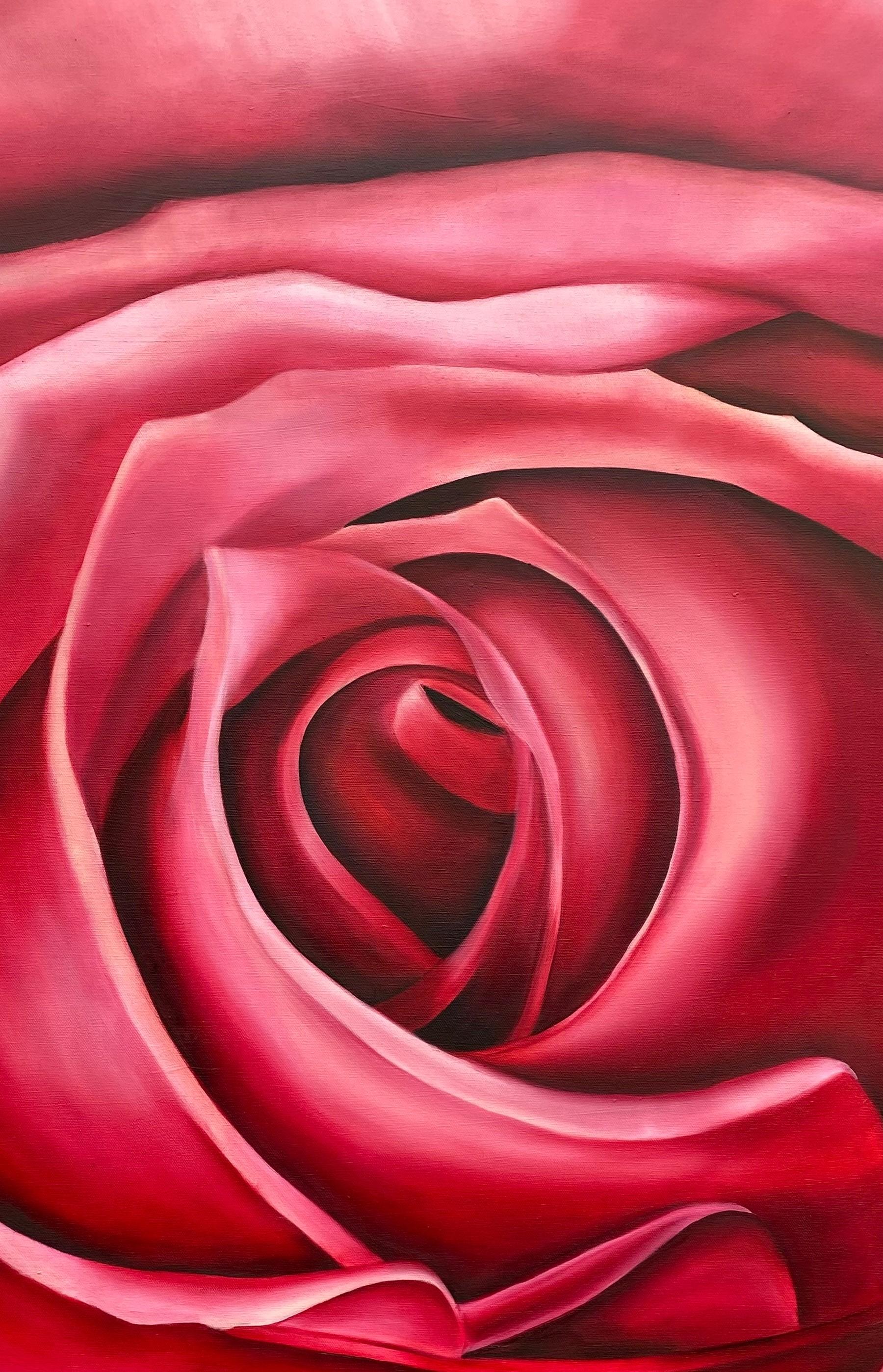 Rose rouge rubis  Réalisme huile sur toile galerie enveloppé de fleurs 40 x 30  Les Valentins en vente 2