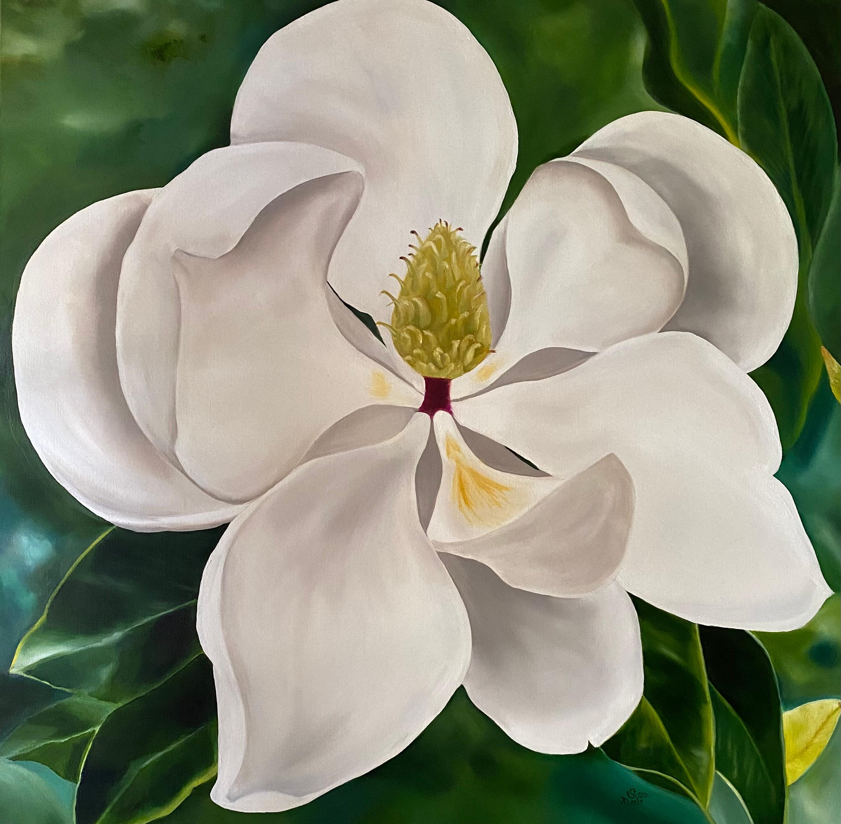 Rose rouge rubis  Réalisme huile sur toile galerie enveloppé de fleurs 40 x 30  Les Valentins en vente 4