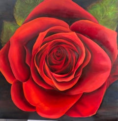 Scarlet Red Rose Realism Oil on Canvas Gallery Wrapped Floral 36" x 36" Floral