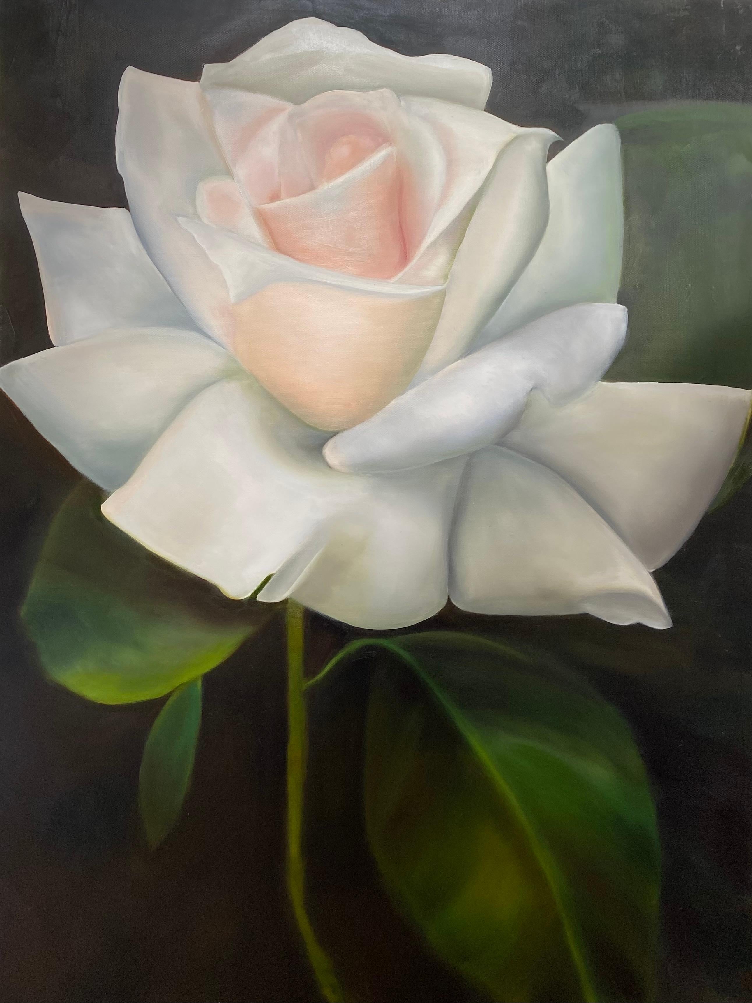 Single White Rose Realism 40" x 30" (rose blanche)  Huile sur toile  Galerie emballée   Fleuri