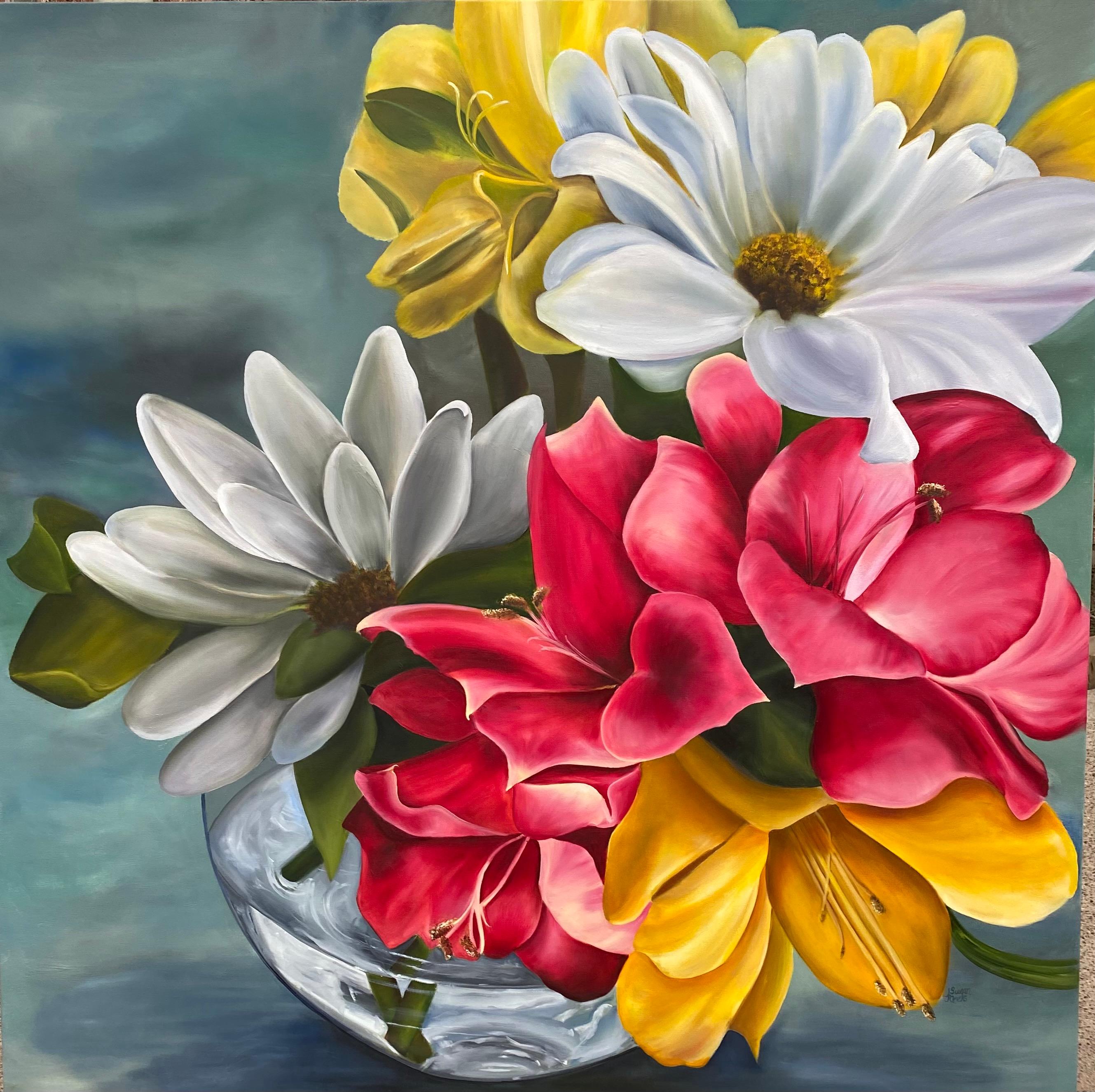 „Sommerblüten – Realismus“, 48" x 48", Öl auf Leinwand, Gallery-Blumenrealismus, REDUZIERT
