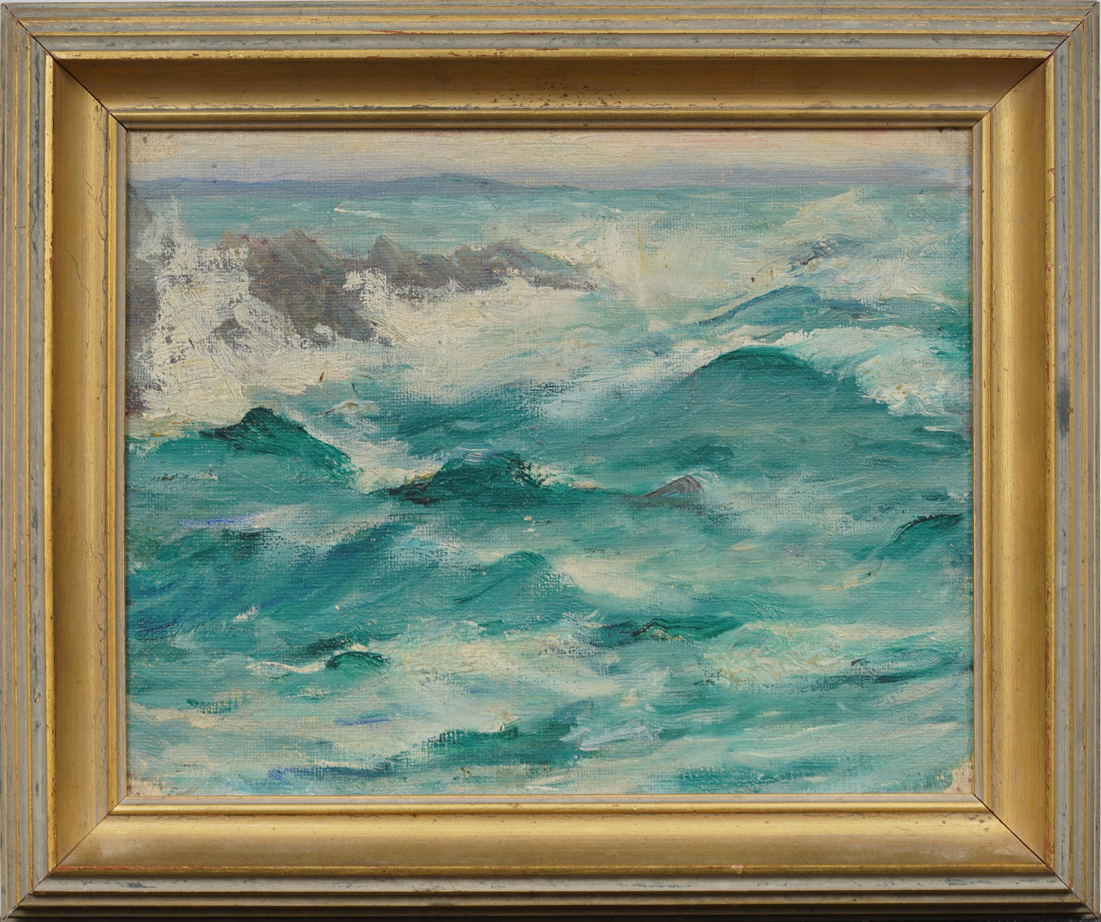 Antique American Impressionist Beach Scene Framed Seascape Signed Oil Painting - Gray Abstract Painting by Susan Merrill Ketcham