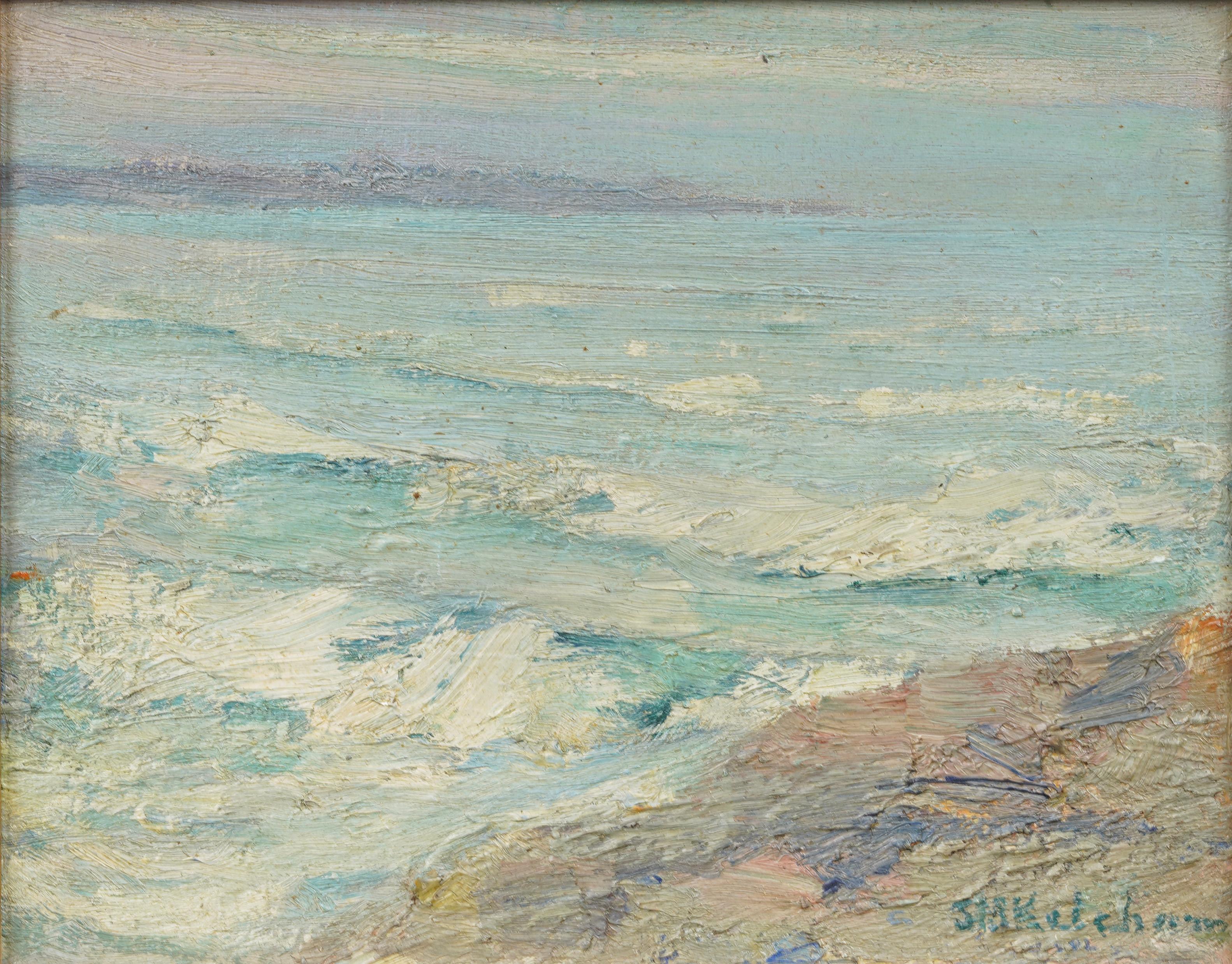 Antique American impressionist seascape oil painting. Oil on board. Signed. Framed. Measuring: 10 by 12 inches overall, and 8 by 10 painting alone..  In excellent original condition. Handsomely framed in a  giltwood molding.  Excellent condition,