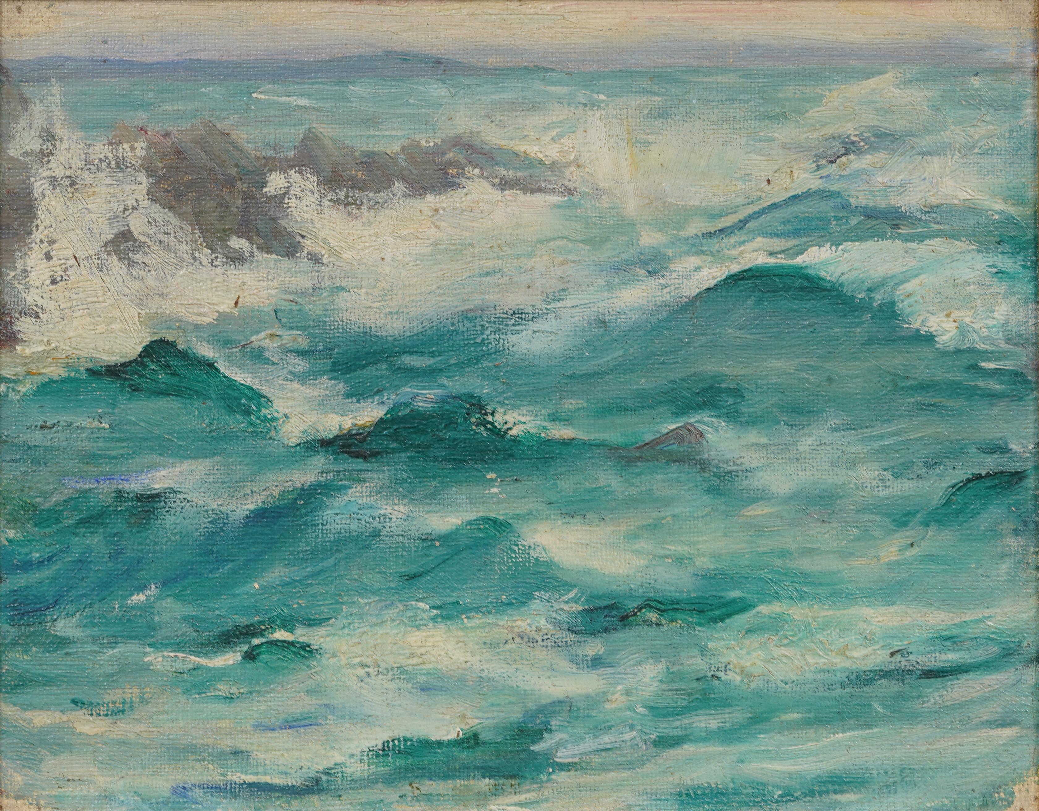 Antique American impressionist seascape oil painting. Oil on board. Unsigned. Framed. Measuring: 10 by 12 inches overall, and 8 by 10 painting alone..  In excellent original condition. Handsomely framed in a  giltwood molding.  Excellent condition,