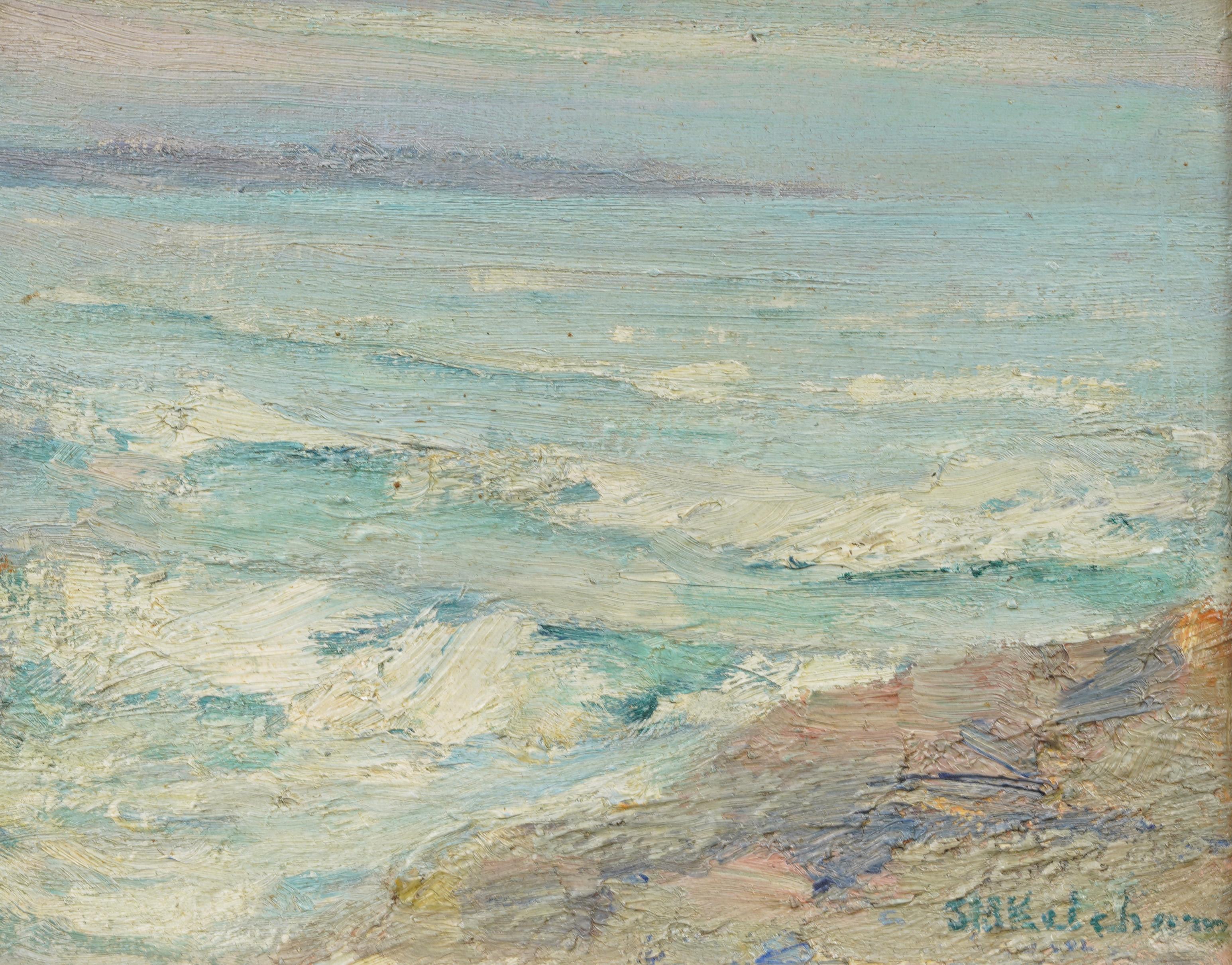 Antique American Impressionist Beach Scene Framed Seascape Signed Oil Painting For Sale 1