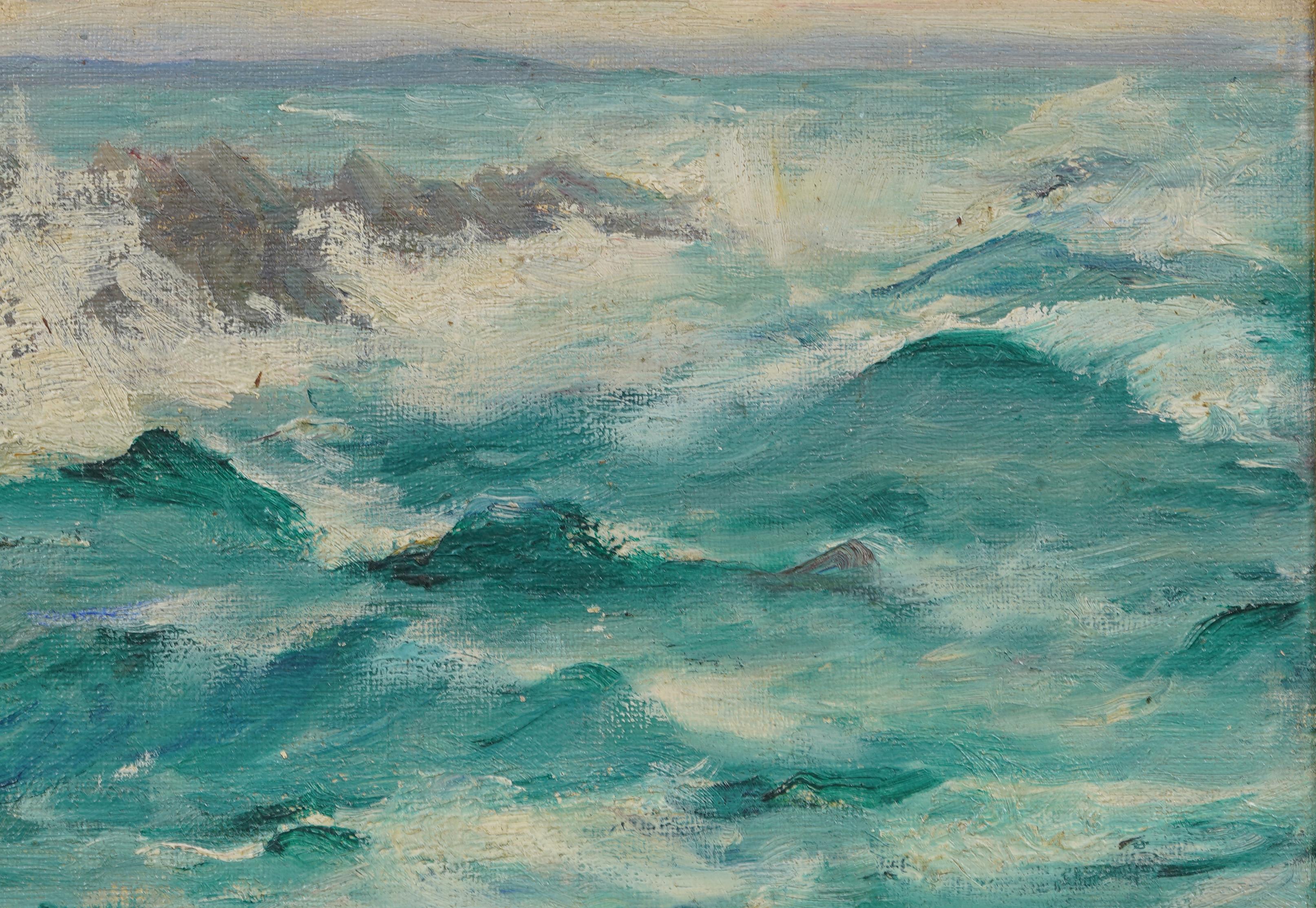 Antique American Impressionist Beach Scene Framed Seascape Signed Oil Painting For Sale 1