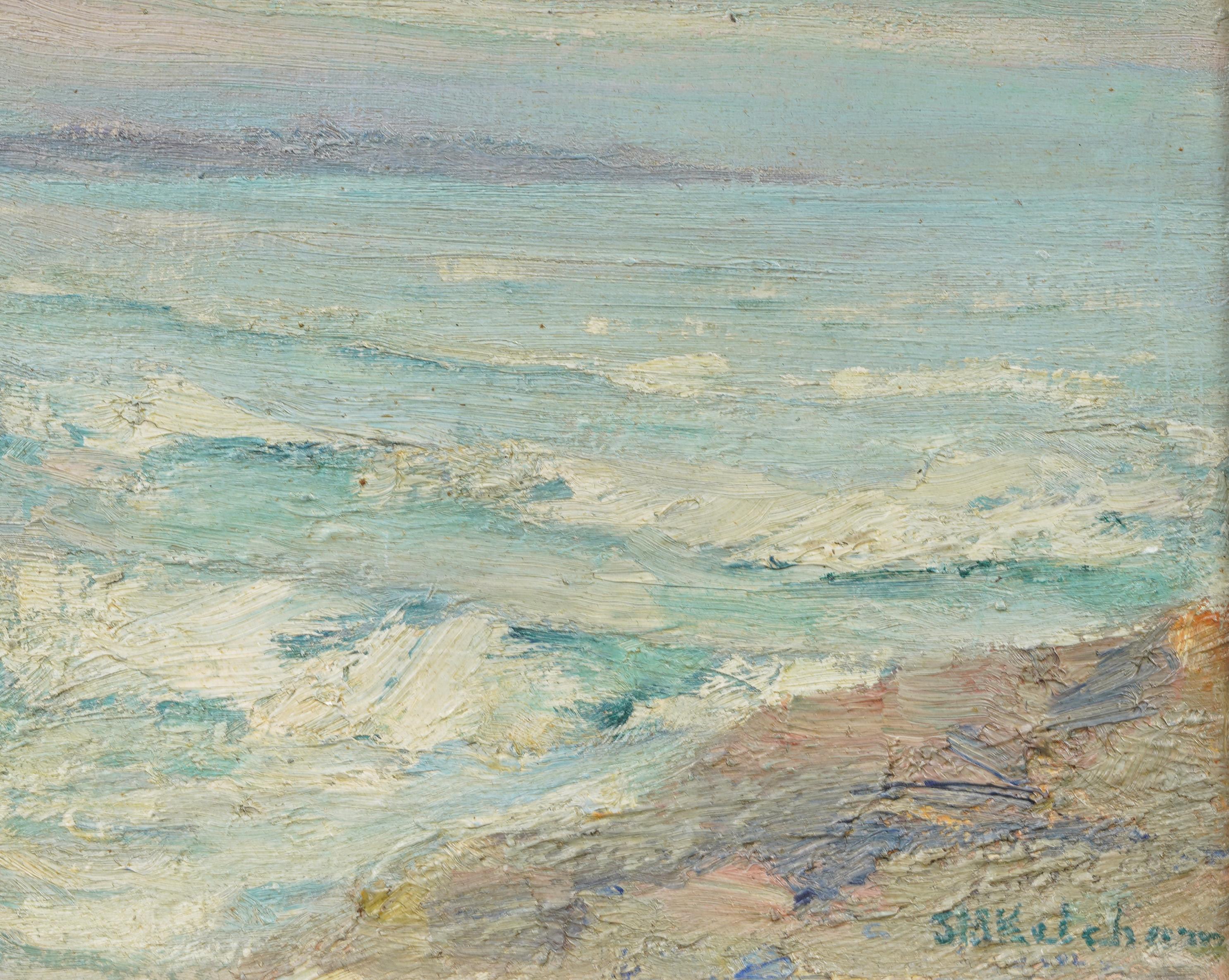Antique American Impressionist Beach Scene Framed Seascape Signed Oil Painting For Sale 2