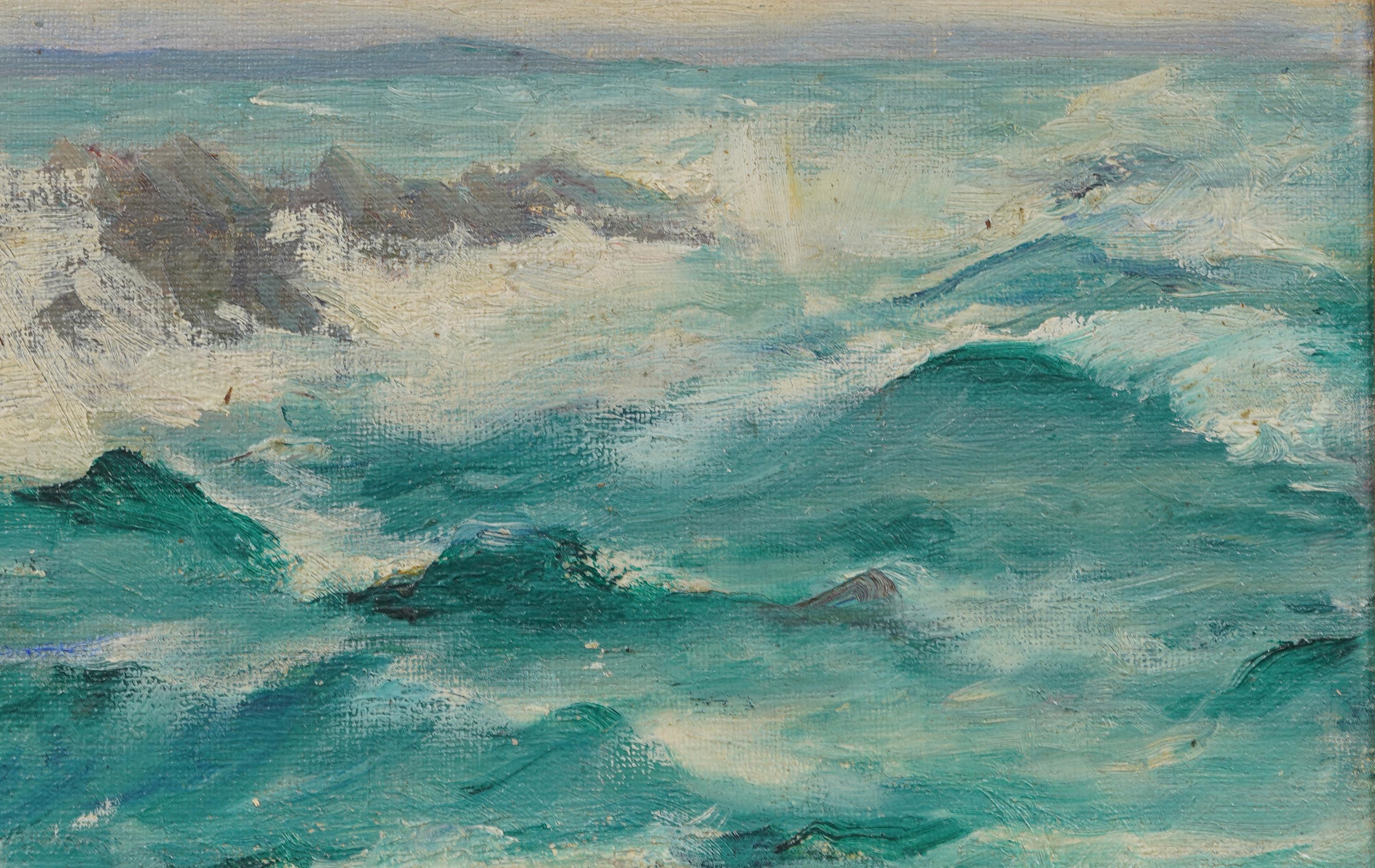 Antique American Impressionist Beach Scene Framed Seascape Signed Oil Painting For Sale 2