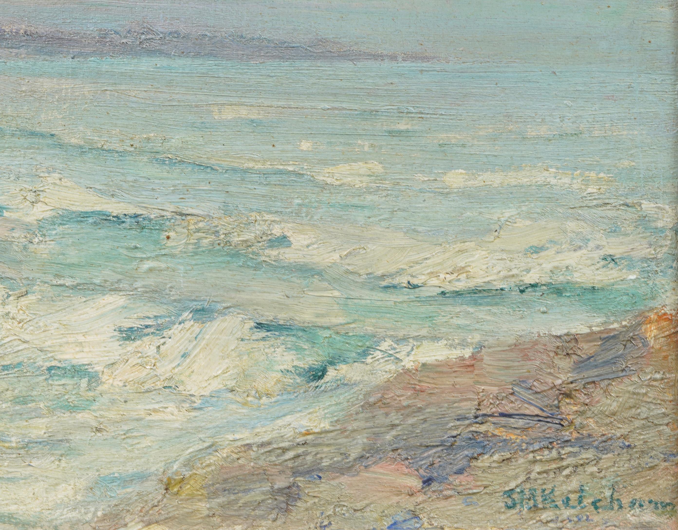 Antique American Impressionist Beach Scene Framed Seascape Signed Oil Painting For Sale 3