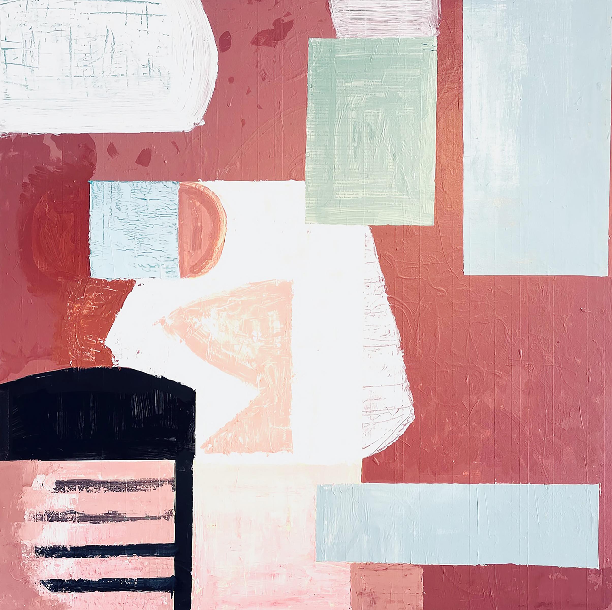 This 39" x 39" geometric abstract is an oil on canvas painting by contemporary artist, Susan Morrison-Dyke. The composition is defined by a careful arrangement of rectilinear and curvilinear forms on a modulated, textural ground dominated by a