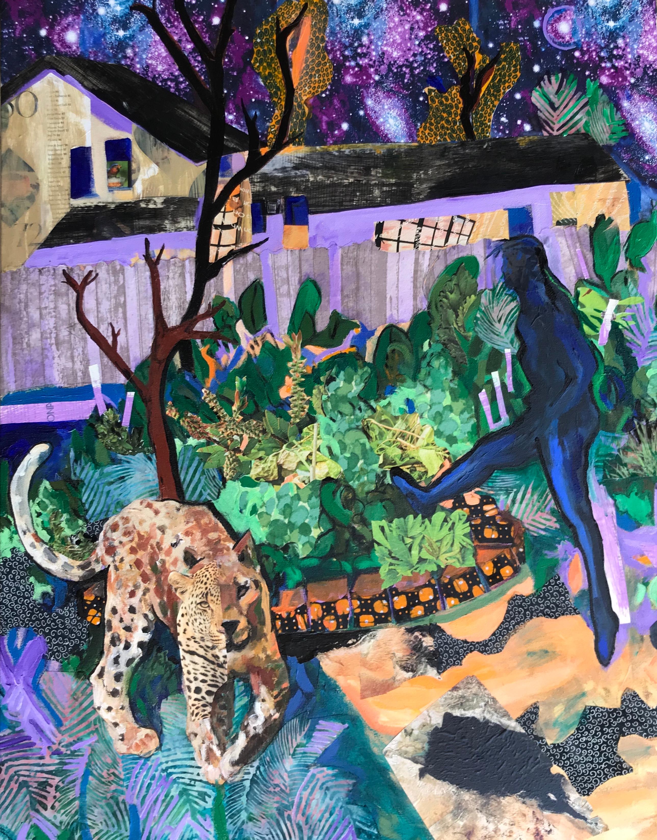 Susan Osborn Animal Painting - Mixed Media Collage, "Midnight Walk"