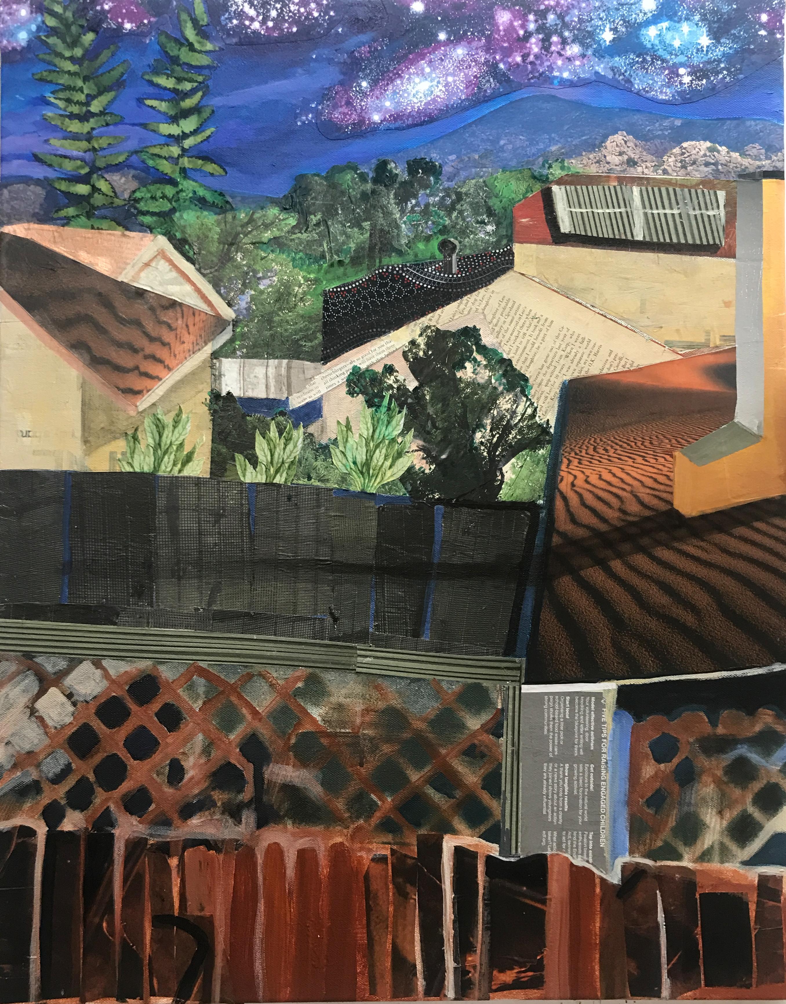 Susan Osborn Landscape Painting - Mixed Media Collage, "Rooftops"