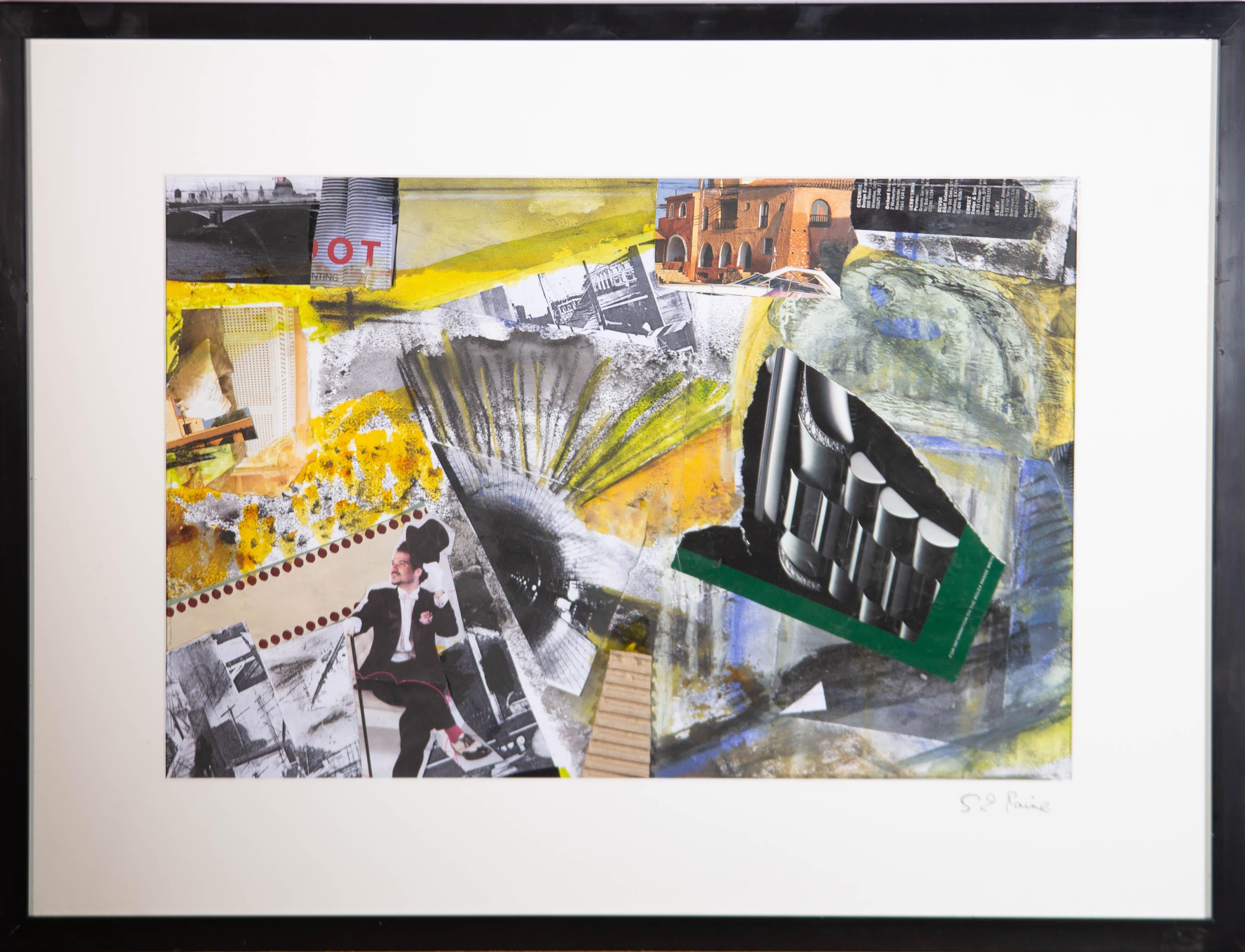 An engaging collage composition by the British artist Susan Paine. The materials used include magazine cutouts and watercolour. Signed to the lower right-hand corner of the mount. Well-presented in an off-white card mount and in a simple black