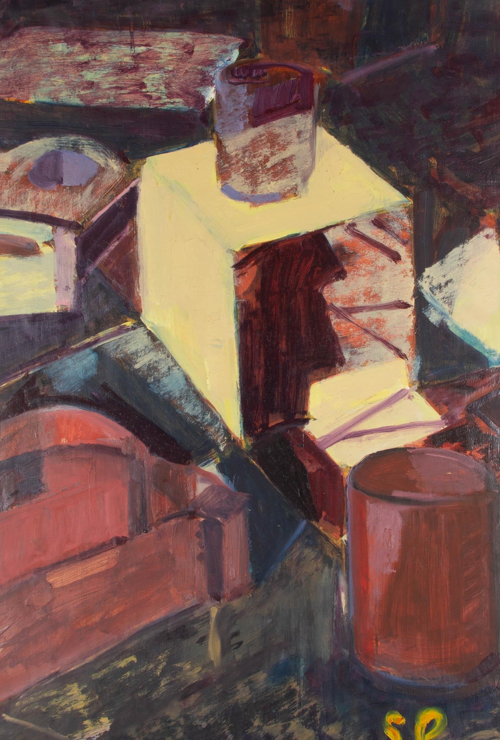 A confident and contrasting still life showing geometric objects stacked on top of one another. The artist has initialed to the lower right. On wove.
