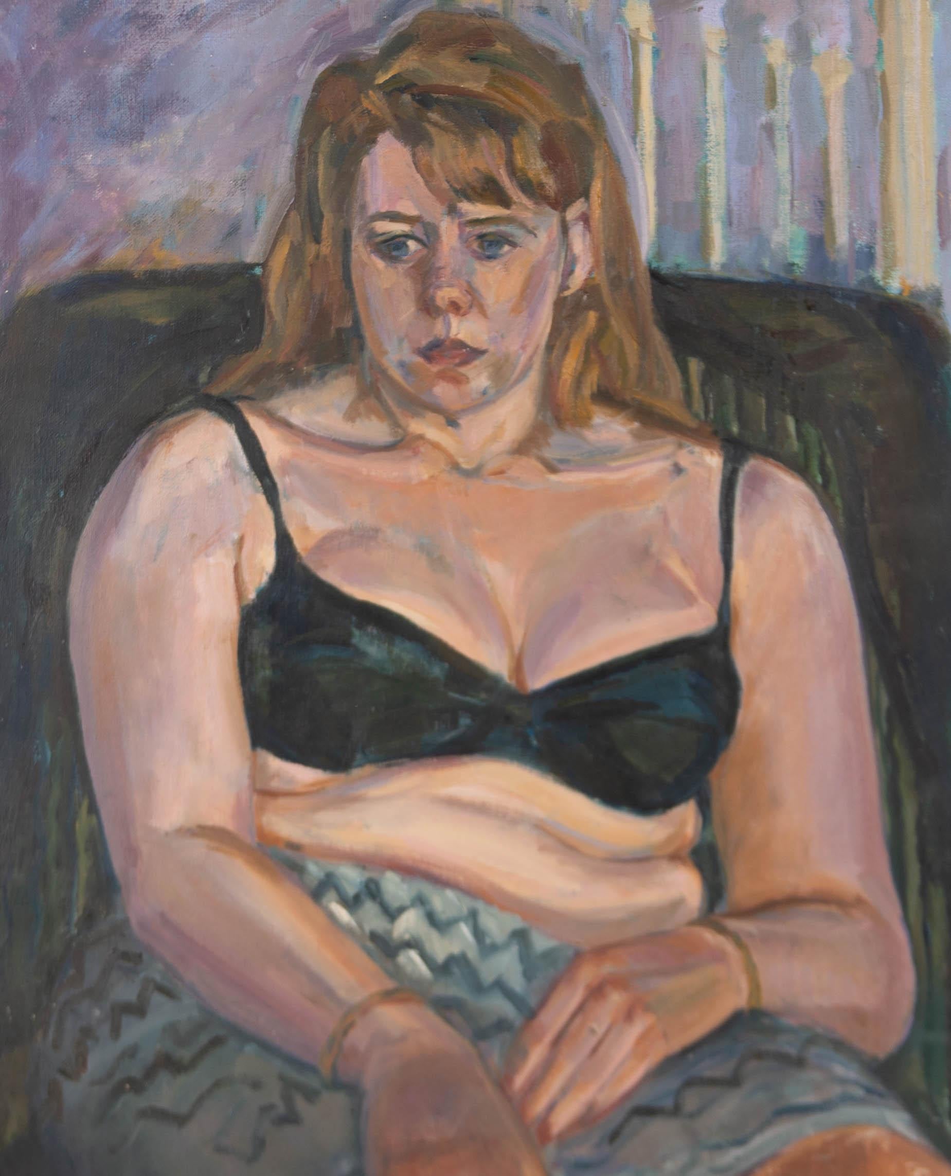A fine and expressive oil painting by the British artist Susan Paine. Here, in thick and intense brush strokes, Paine depicts a female figure in her undergarments, gazing towards the ground. The artist's name is inscribed to the canvas on the