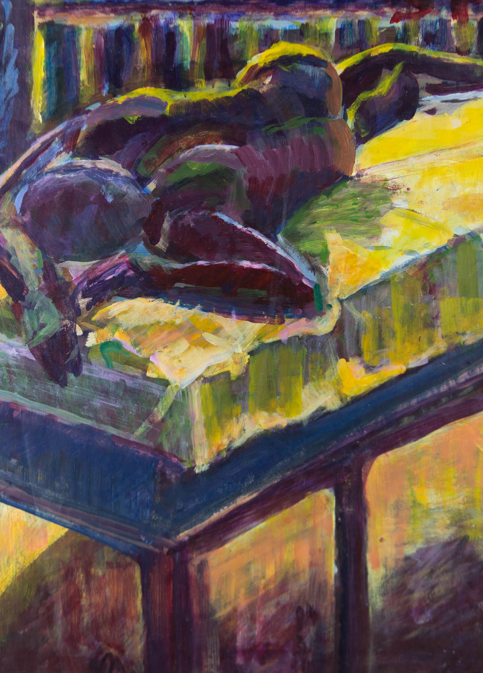 A bold study of a reclining nude by the British artist Susan Paine. Completed in a selection of contesting hues of purple and yellow, the fine study is the perfect example of Paine's expert use of colour and expressive brushwork. Signed to the upper