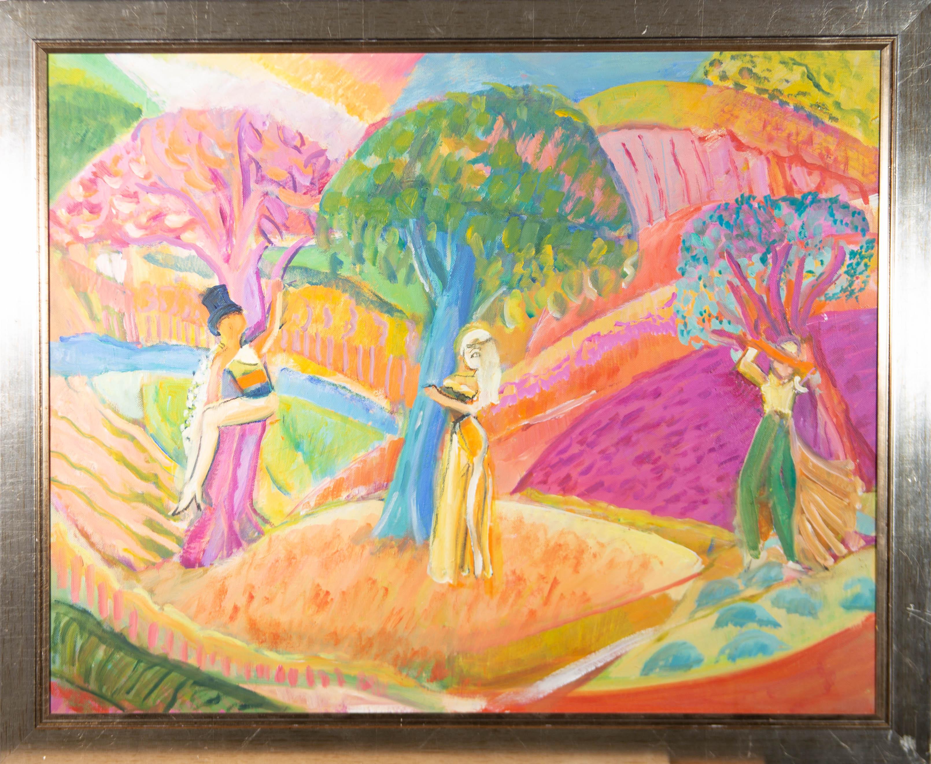 A vibrant study by the British artist Susan Paine depicting three female figures in a landscape. Each figure leans against a tree with rolling hills and flowers surrounding them. Well presented in a gilt effect frame. Unsigned. On canvas on