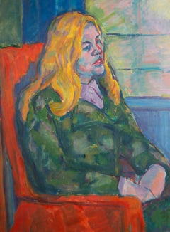 Susan Paine – signiertes Ölgemälde, Mitte des 20. Jahrhunderts, auf dem roten Stuhl