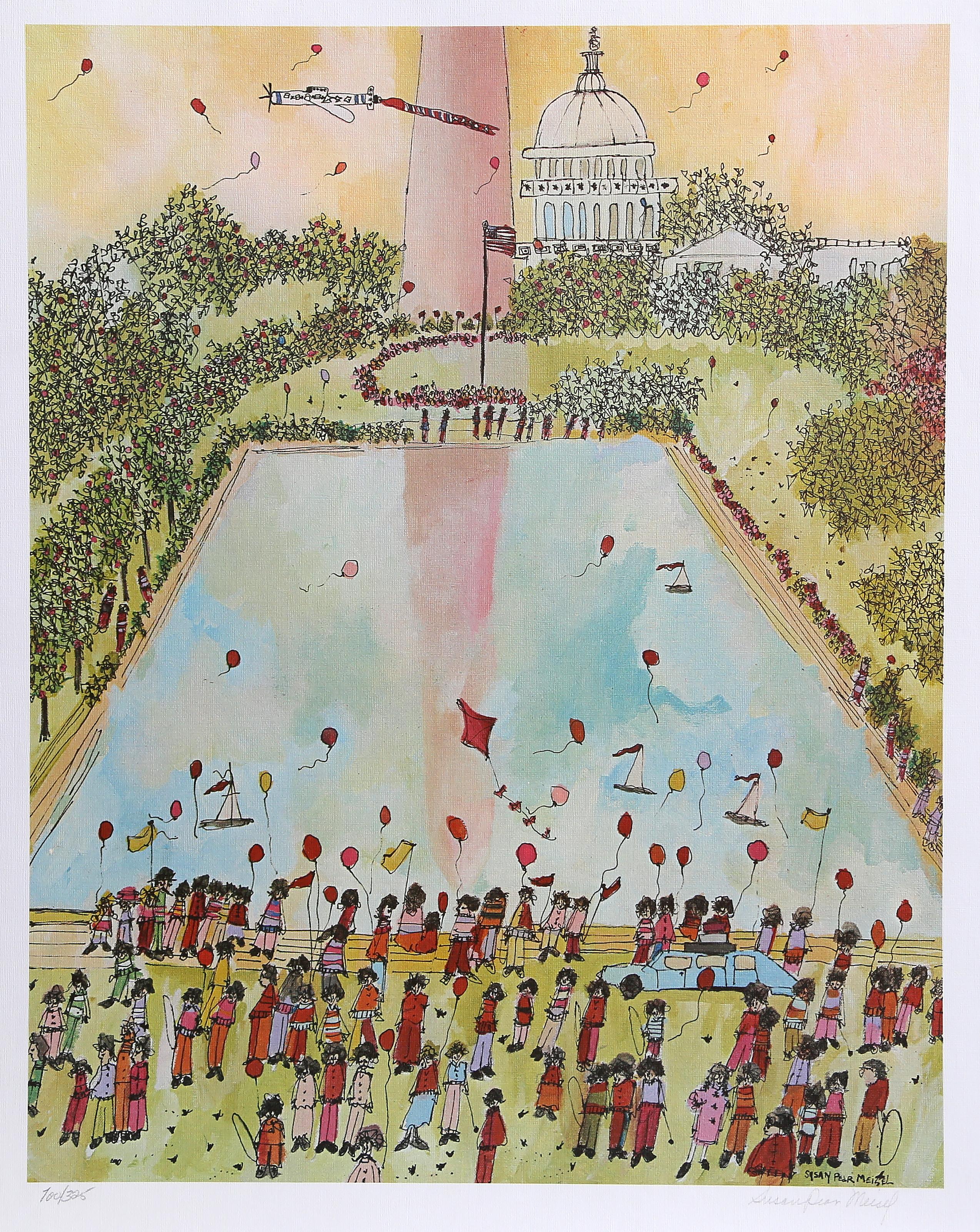 This striking offset lithograph by Susan Pear Meisel depicts the iconic Washington Monument through a unique fusion of Pop Art, Impressionism, and landscape painting traditions. Meisel’s photorealistic approach captures the monument with meticulous