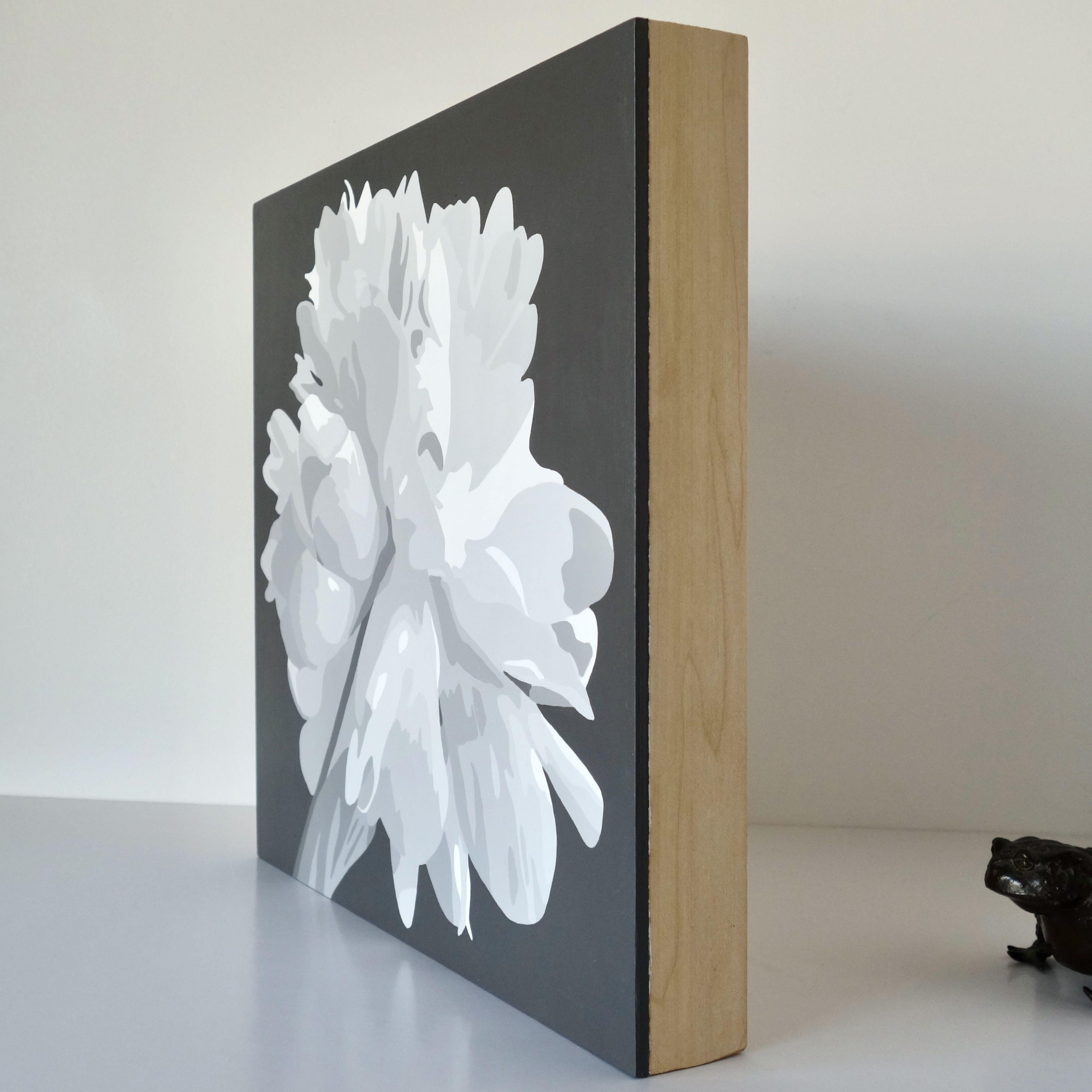 Fleur Blanc, peinture, acrylique sur panneau de bois - Minimaliste Painting par Susan Porter