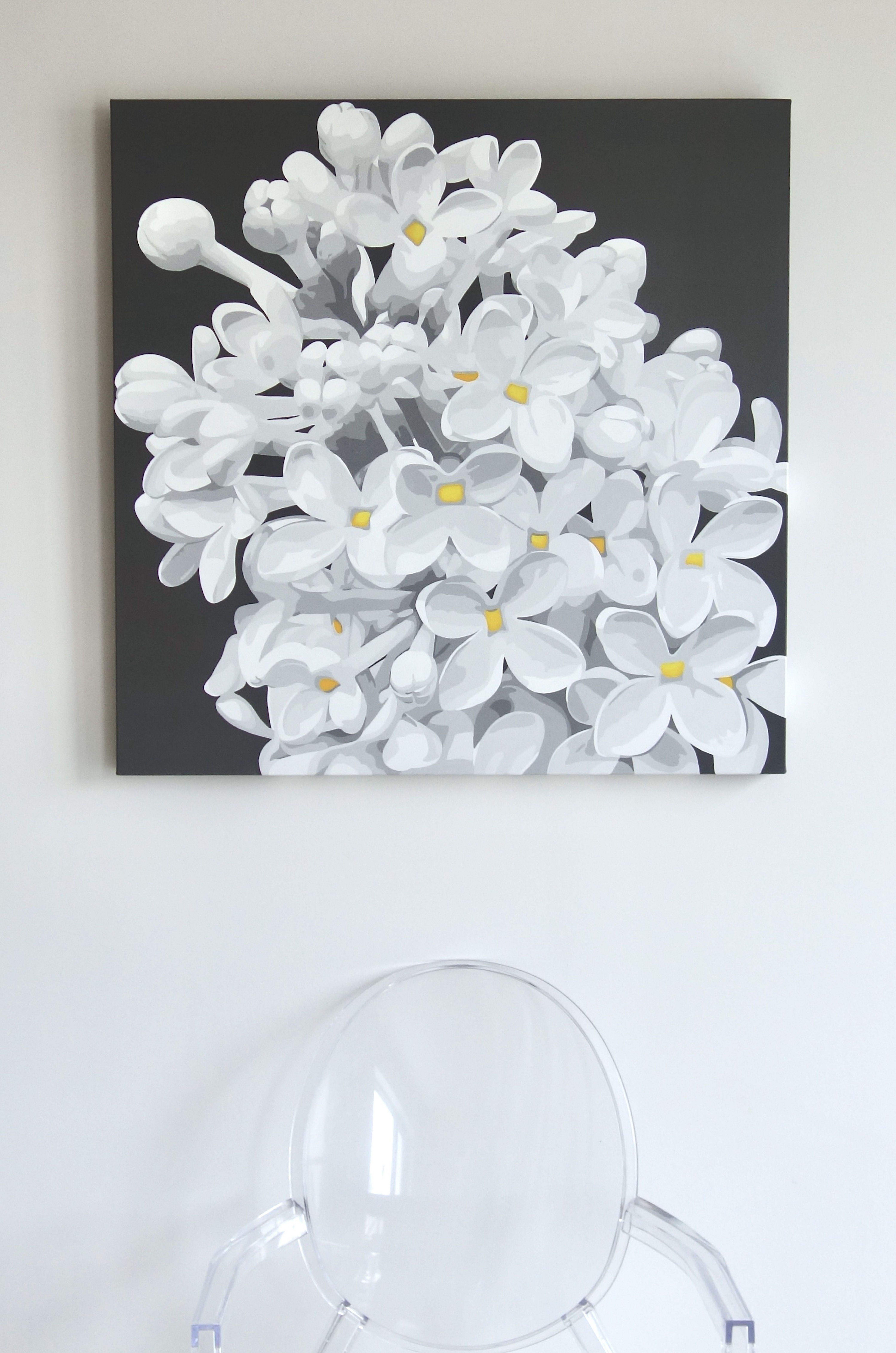 Winters are long here in Montreal so I long to smell the sweet scent of lilac in the Spring.  White lilacs represent purity and innocence.....  :: Painting :: Contemporary :: This piece comes with an official certificate of authenticity signed by