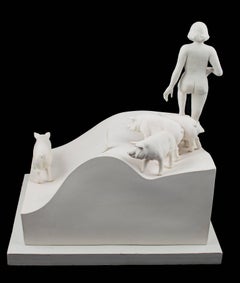 "Impressions (4 Pigs), " Unique Porcelain Sculpture Lady & Pigs by Susan Potts