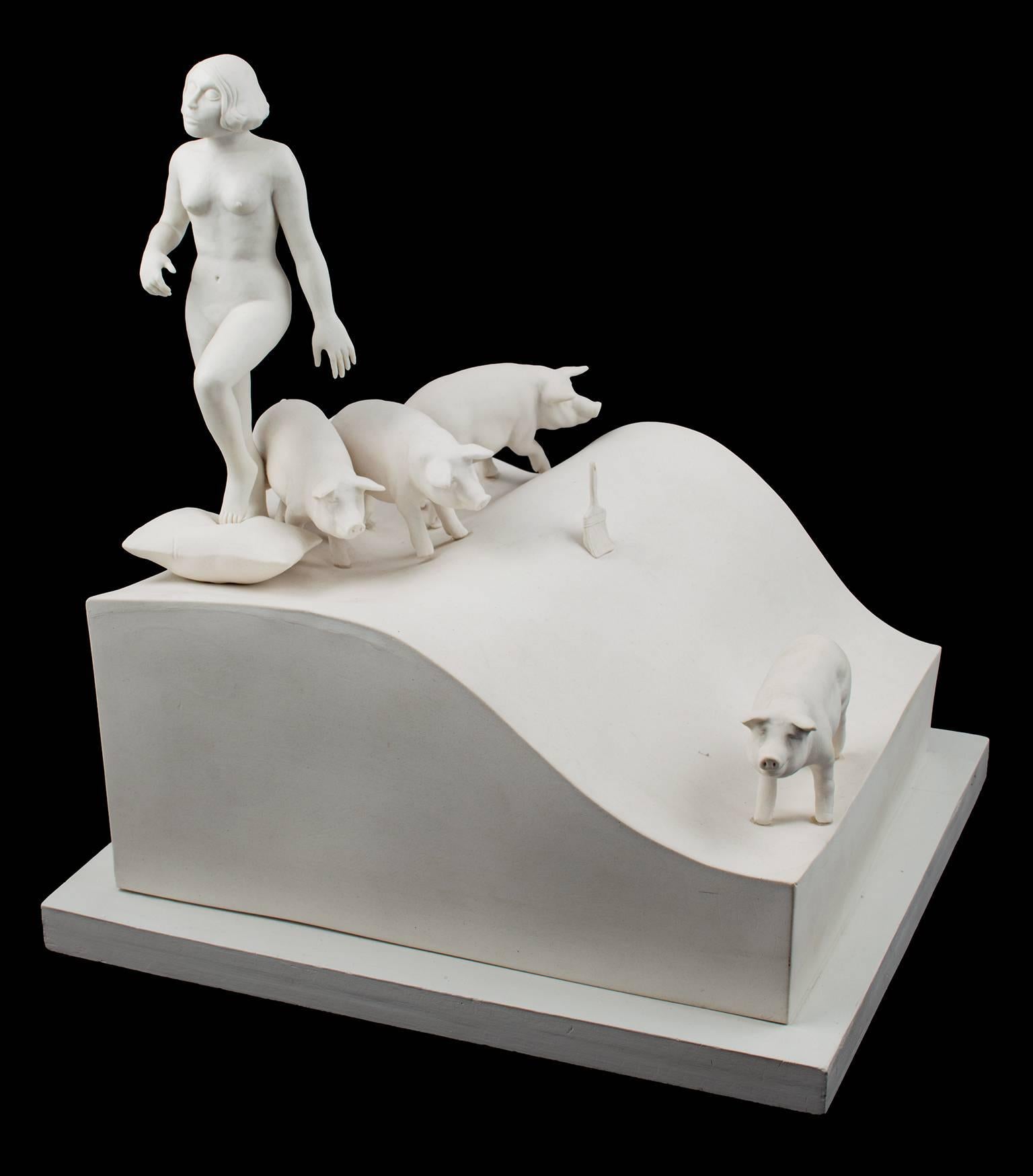 "Impressions (4 Pigs), " Unique Porcelain Sculpture Lady & Pigs by Susan Potts