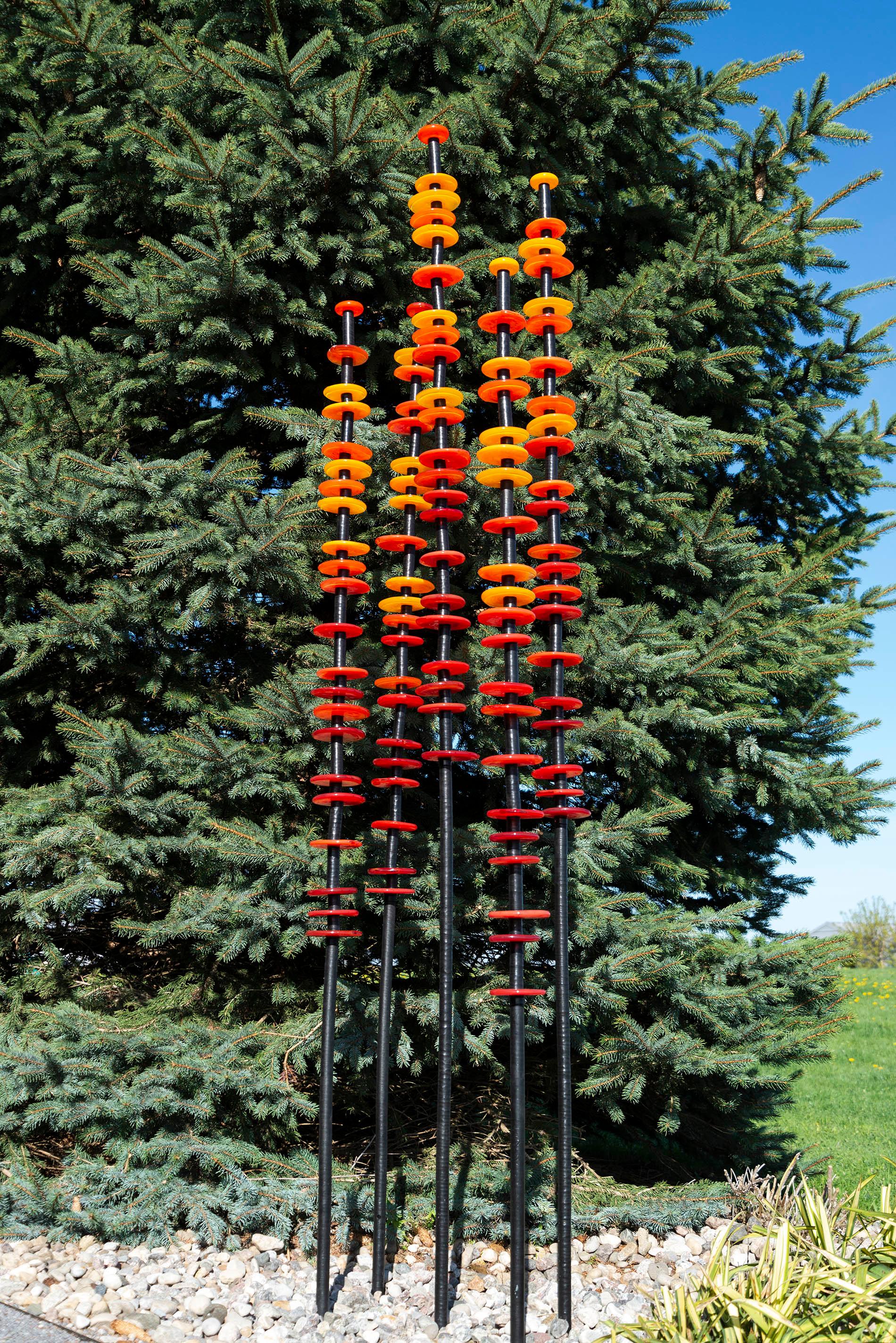 Heat Wave - tall, colourful, steel and hand-blown glass, outdoor sculpture - Blue Abstract Sculpture by Susan Rankin