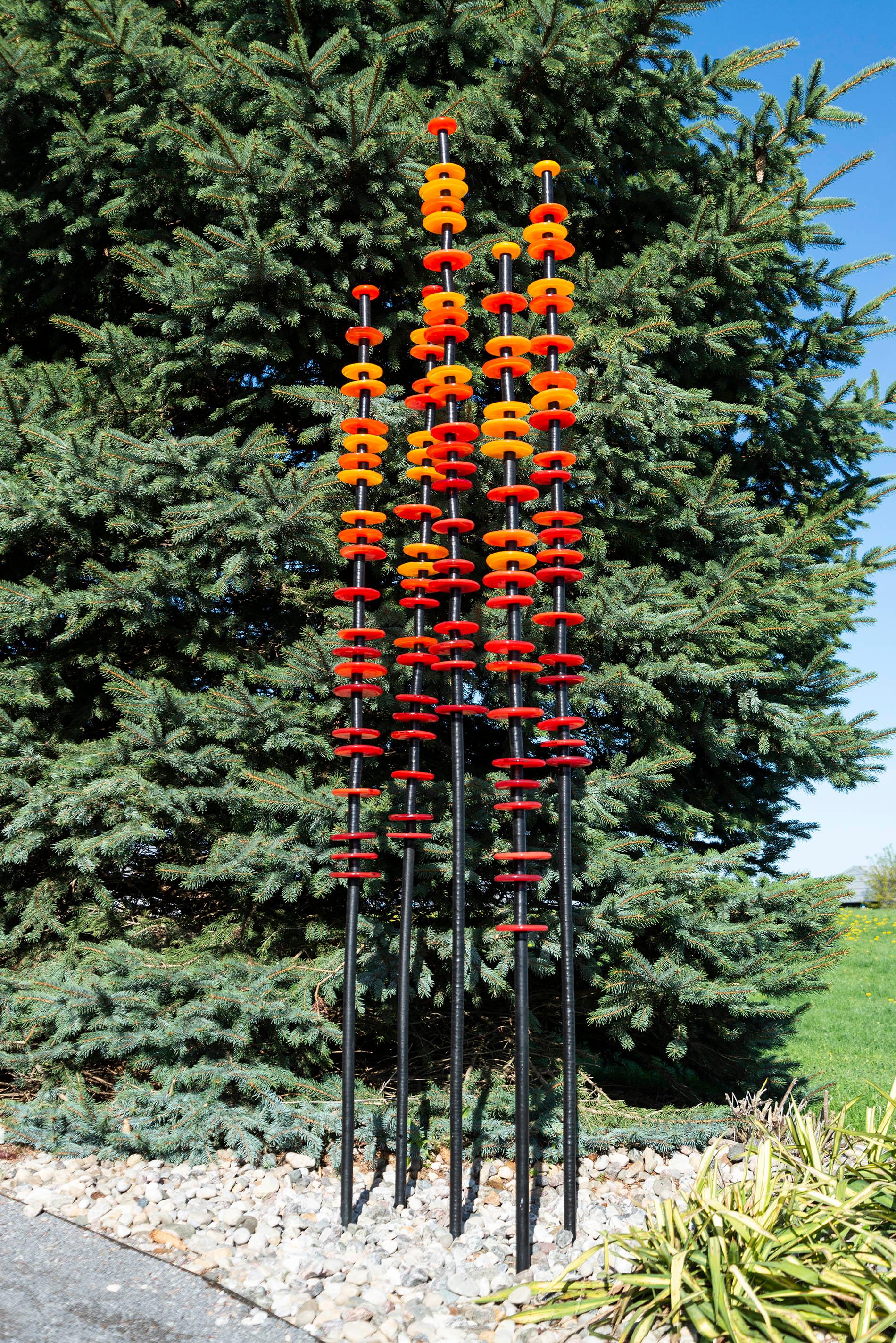 Heat Wave - tall, colourful, steel and hand-blown glass, outdoor sculpture 1