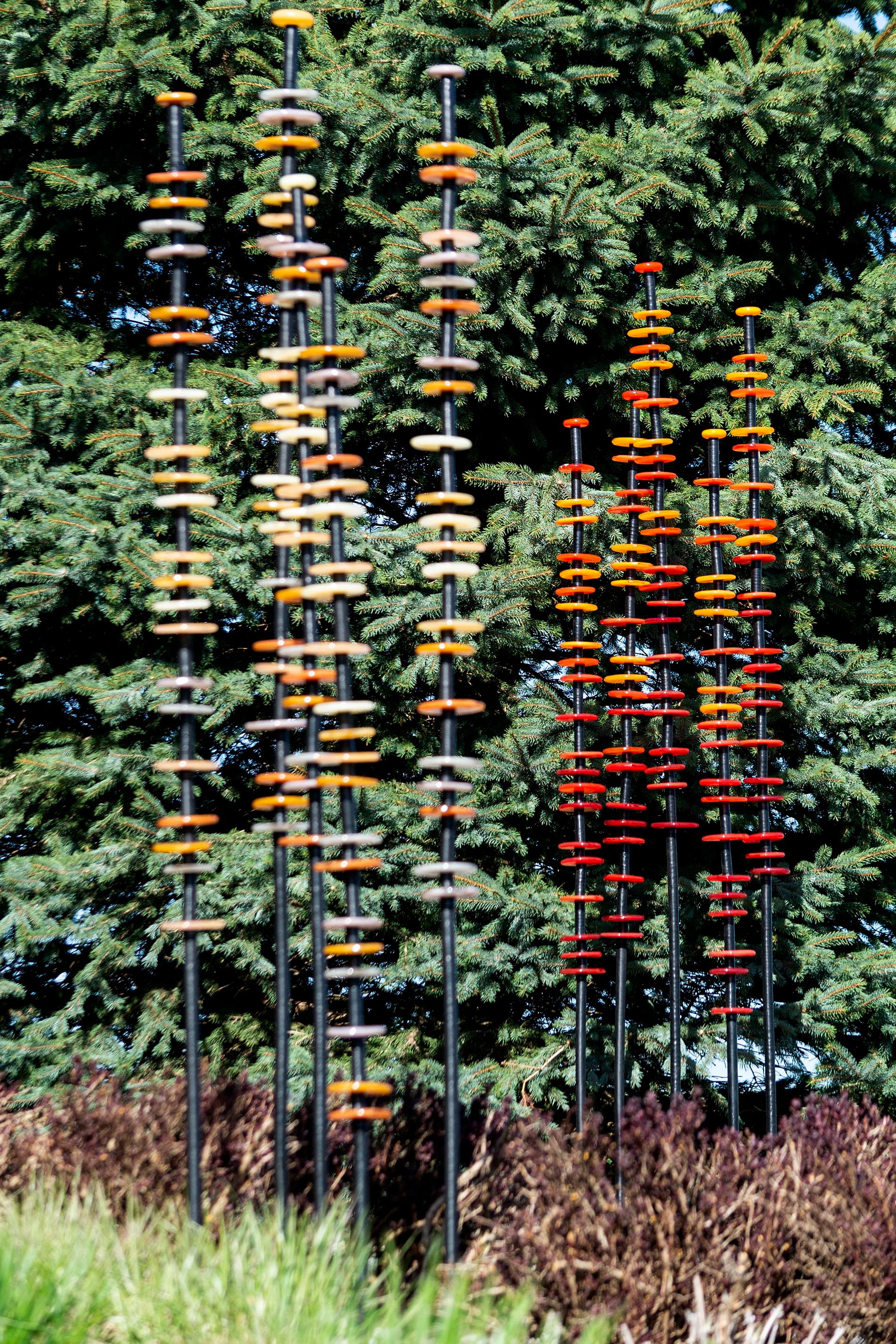 Heat Wave - tall, colourful, steel and hand-blown glass, outdoor sculpture 2