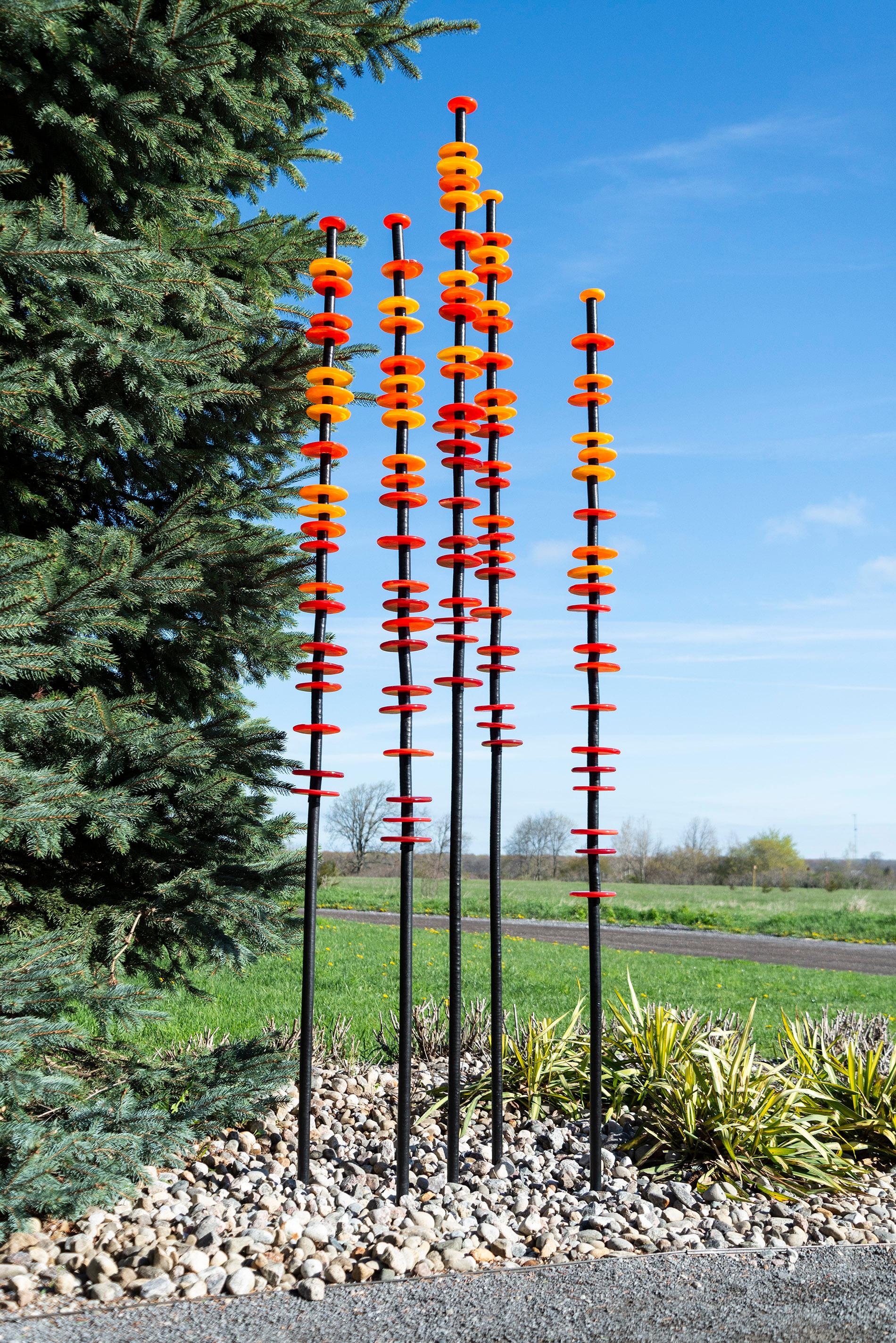 Susan Rankin Abstract Sculpture - Heat Wave - tall, colourful, steel and hand-blown glass, outdoor sculpture