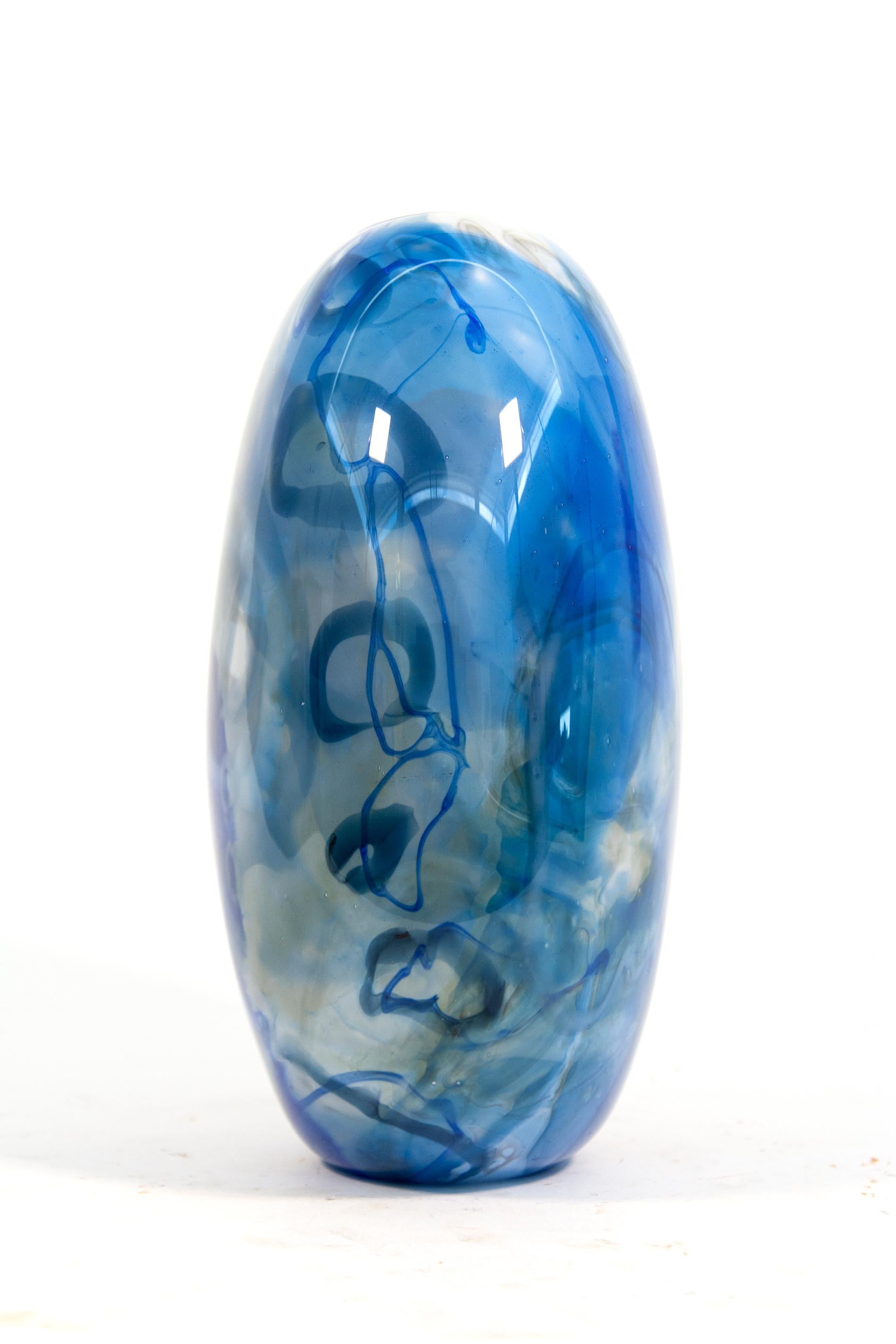Large Flattened Form with Shards and Cane in Blues - blown glass vessel For Sale 4