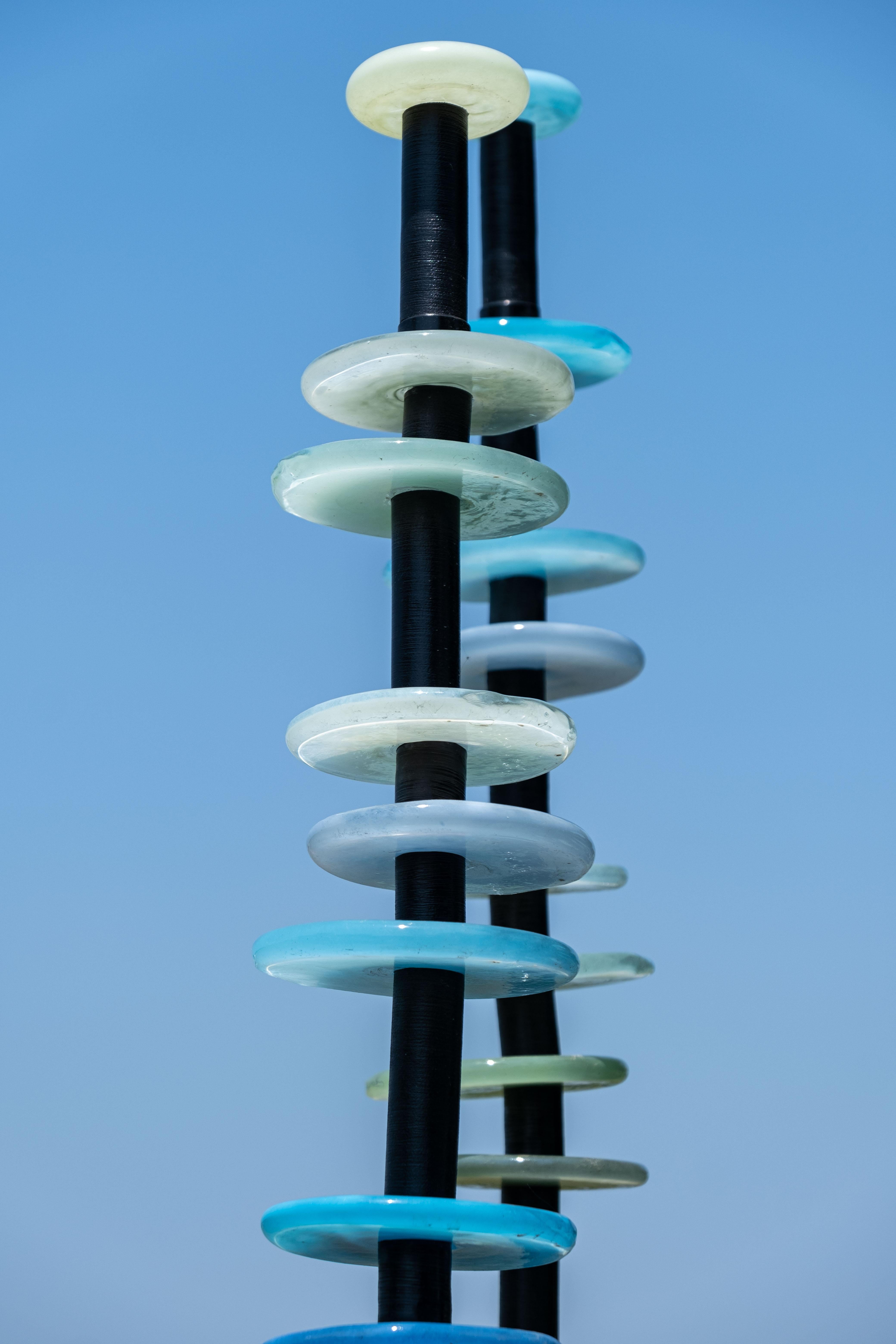 Reflections on Water - tall, colourful, hand-blown glass, outdoor sculpture - Blue Abstract Sculpture by Susan Rankin