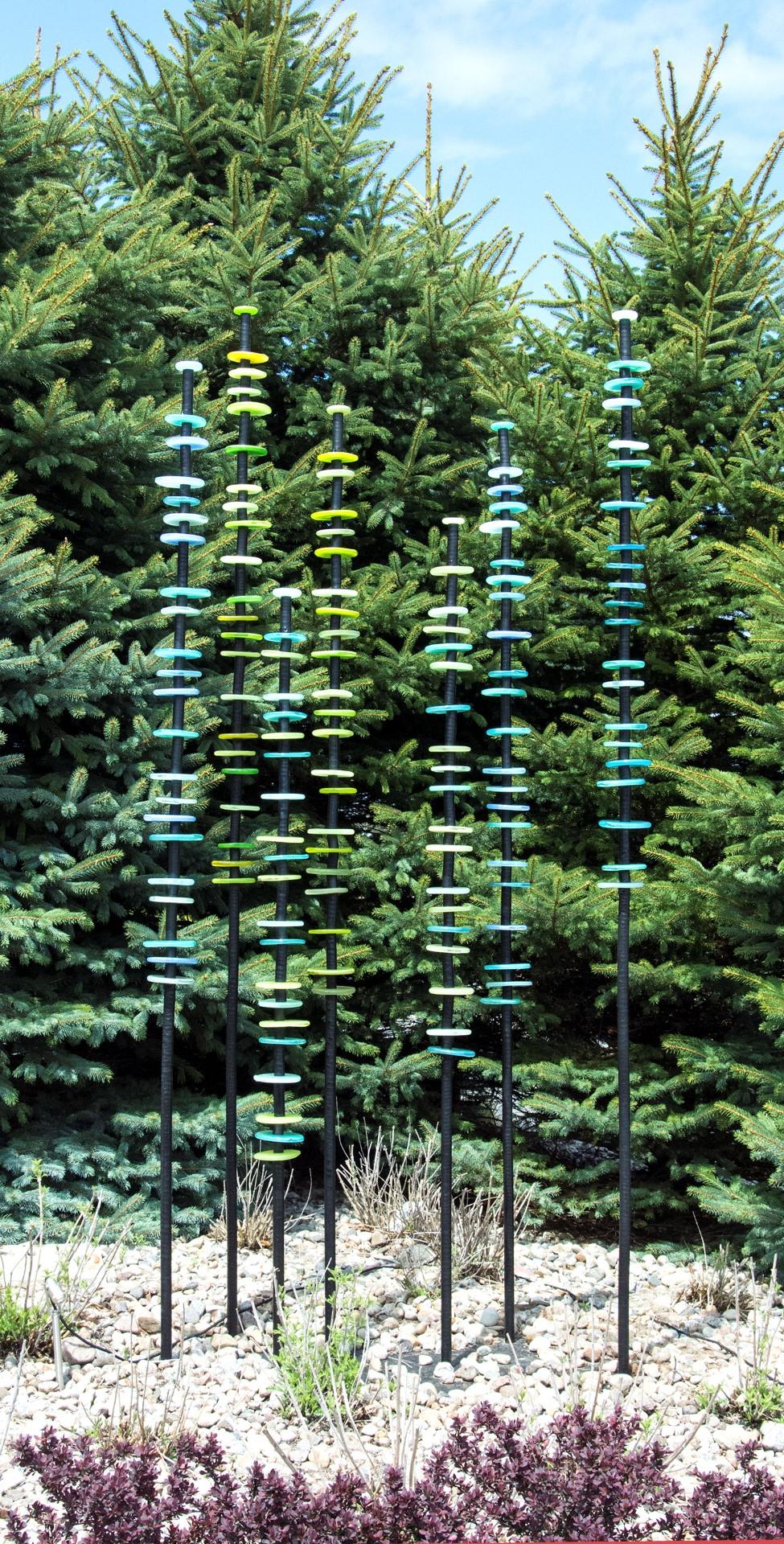 Standing Grove in Blues and Greens - tall, colourful, hand-blown glass sculpture - Sculpture by Susan Rankin