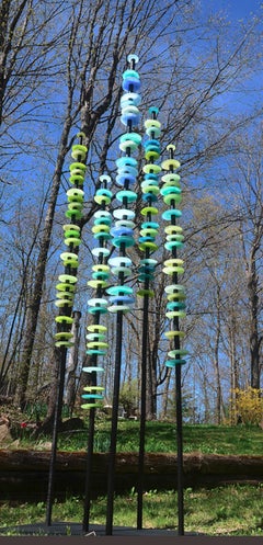 Standing Grove in Blues and Greens - tall, colourful, hand-blown glass sculpture