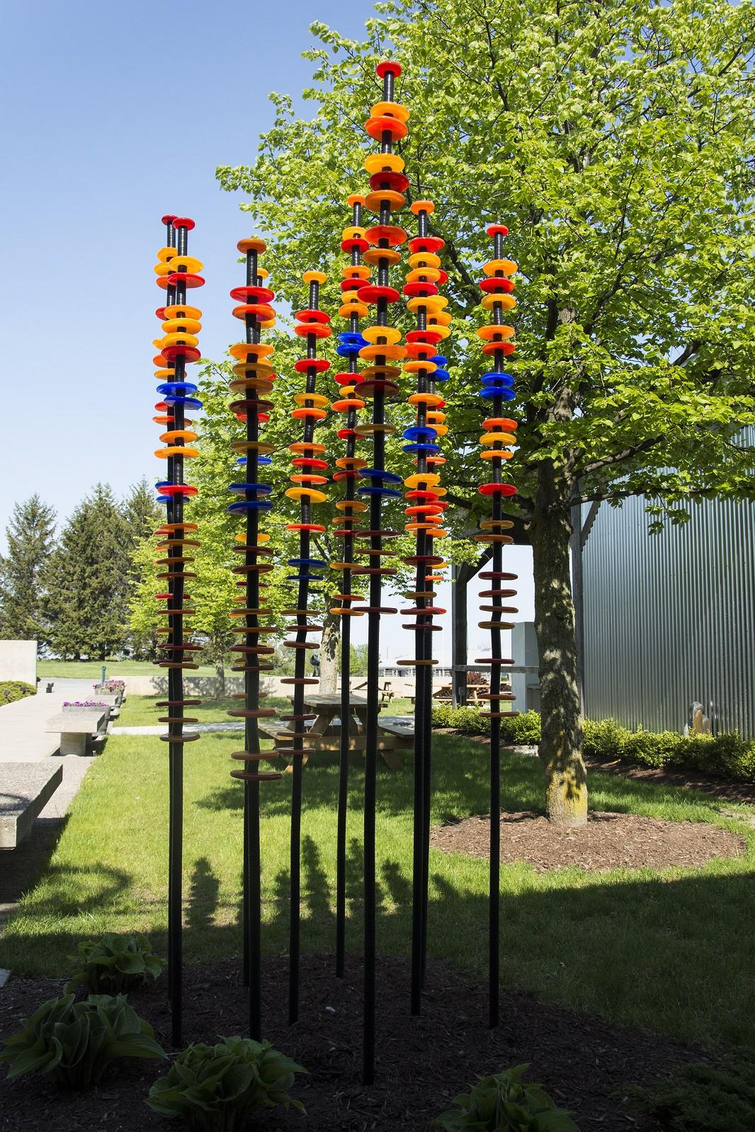 Sunset on the Lake - tall, bright, colourful, hand-blown glass outdoor sculpture - Sculpture by Susan Rankin