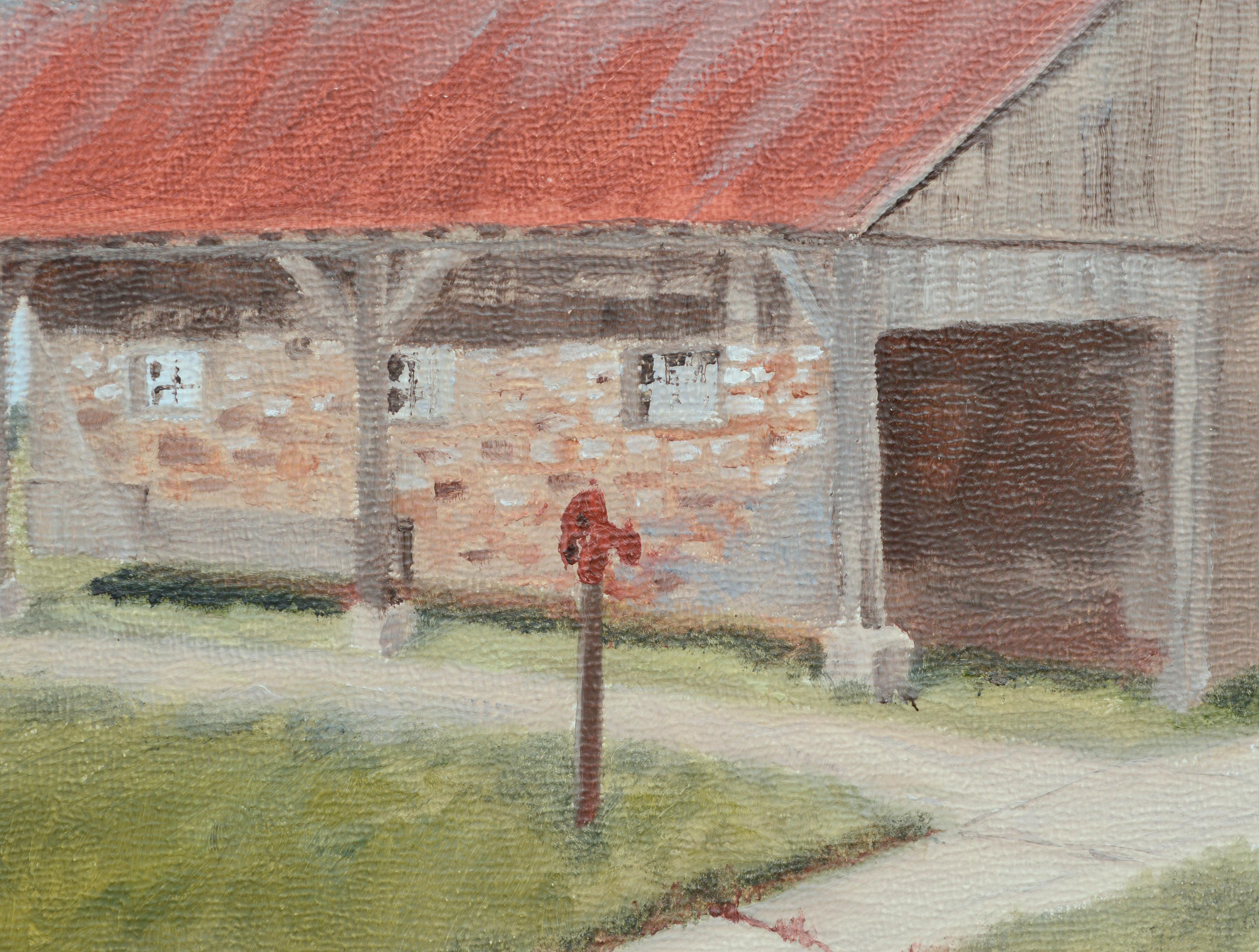 Barn with a Red Roof - Landscape in Oil on Masonite - Painting by Susan Reinier