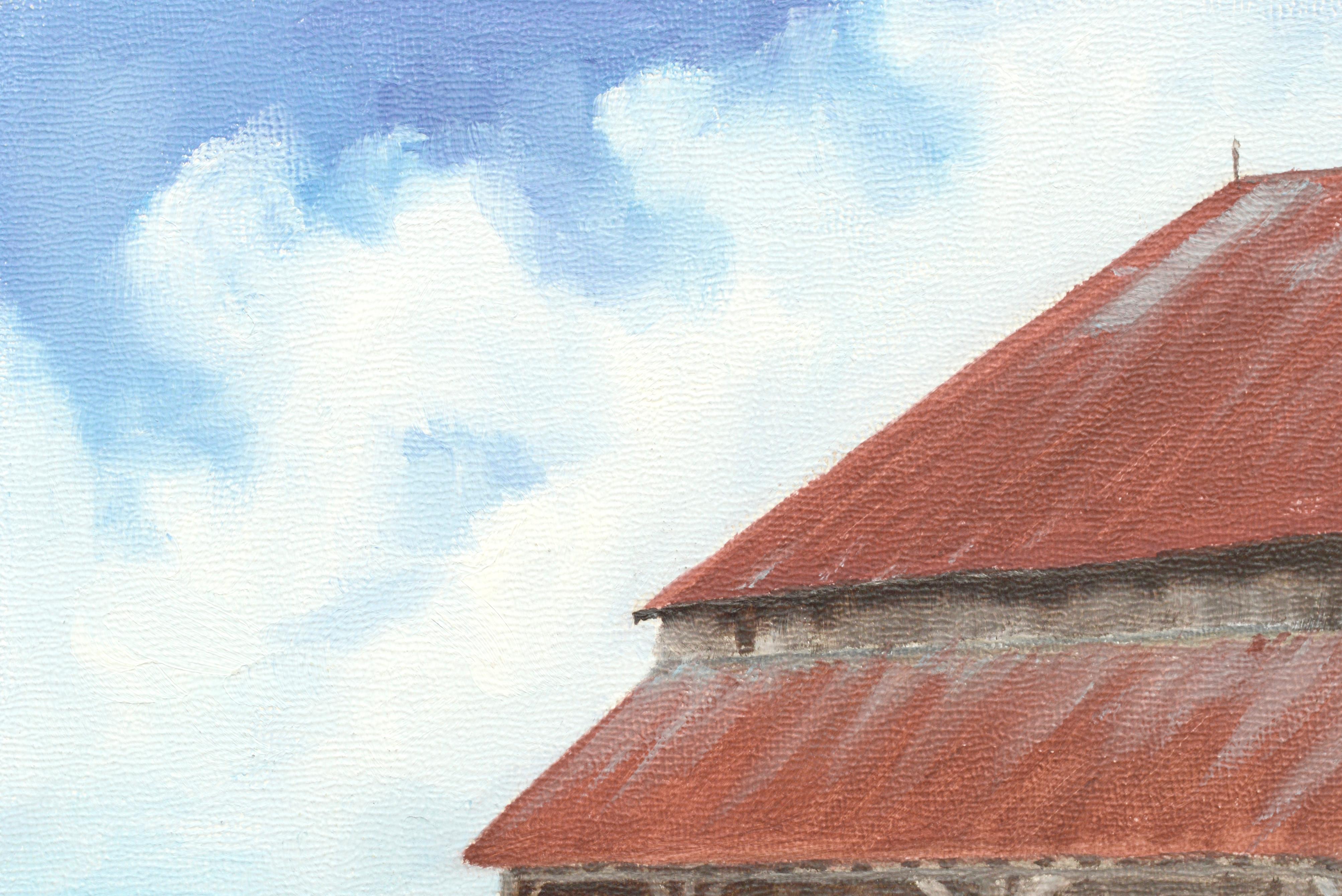 Barn with a Red Roof - Landscape in Oil on Masonite - Contemporary Painting by Susan Reinier