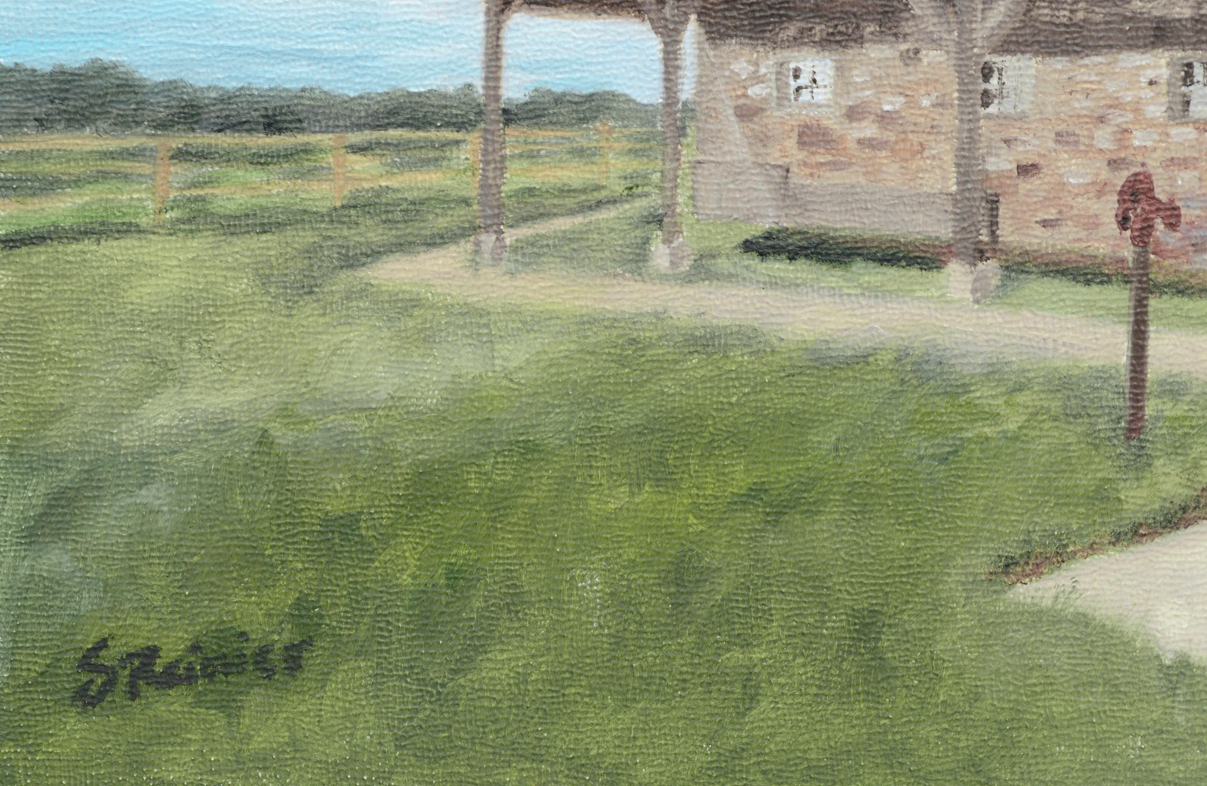 Barn with a Red Roof - Landscape in Oil on Masonite - Brown Landscape Painting by Susan Reinier