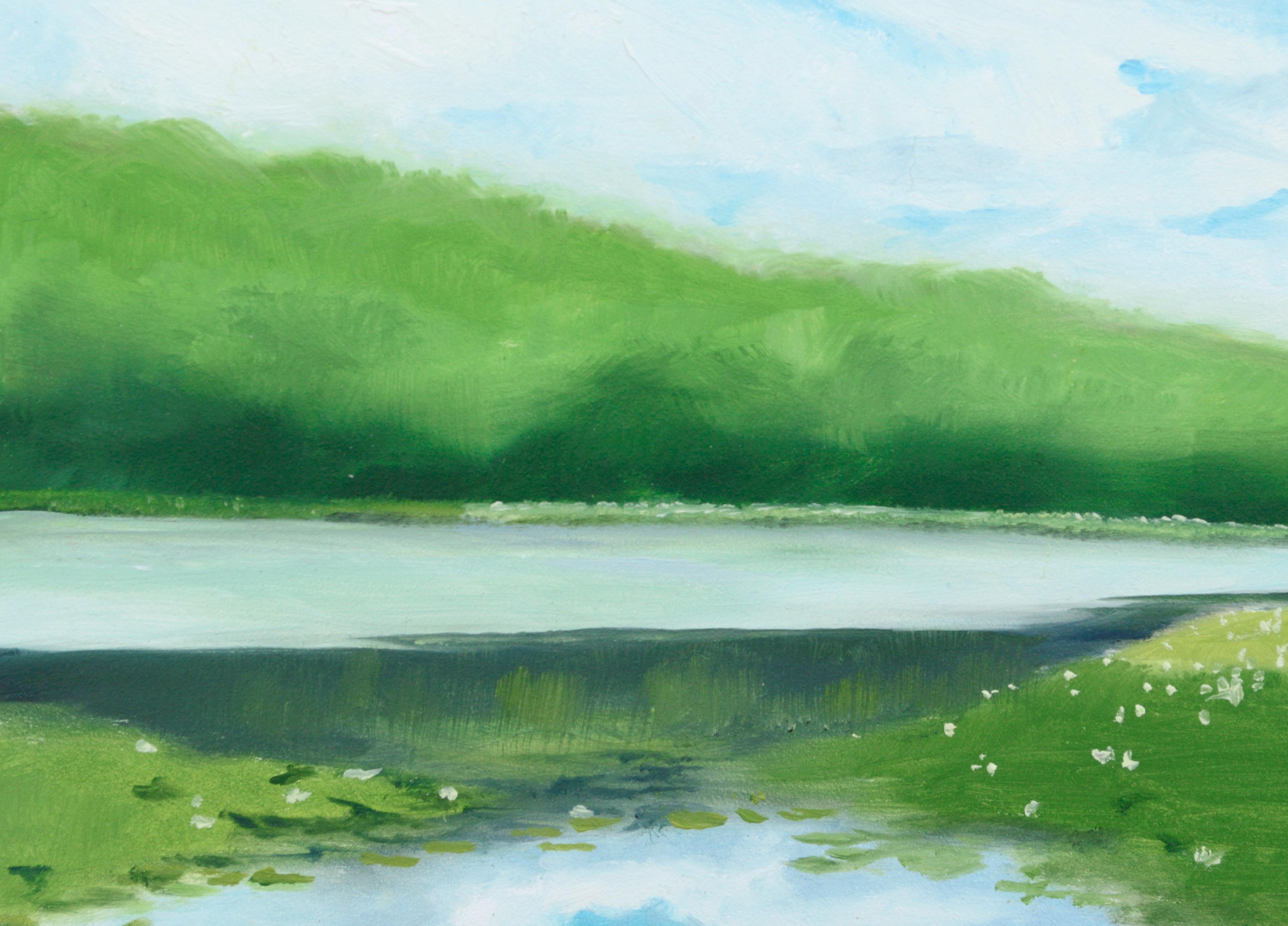 Stagno delle ninfee ai margini della foresta - Paesaggio a olio su masonite - Painting di Susan Reinier