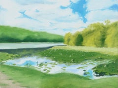 Stagno delle ninfee ai margini della foresta - Paesaggio a olio su masonite