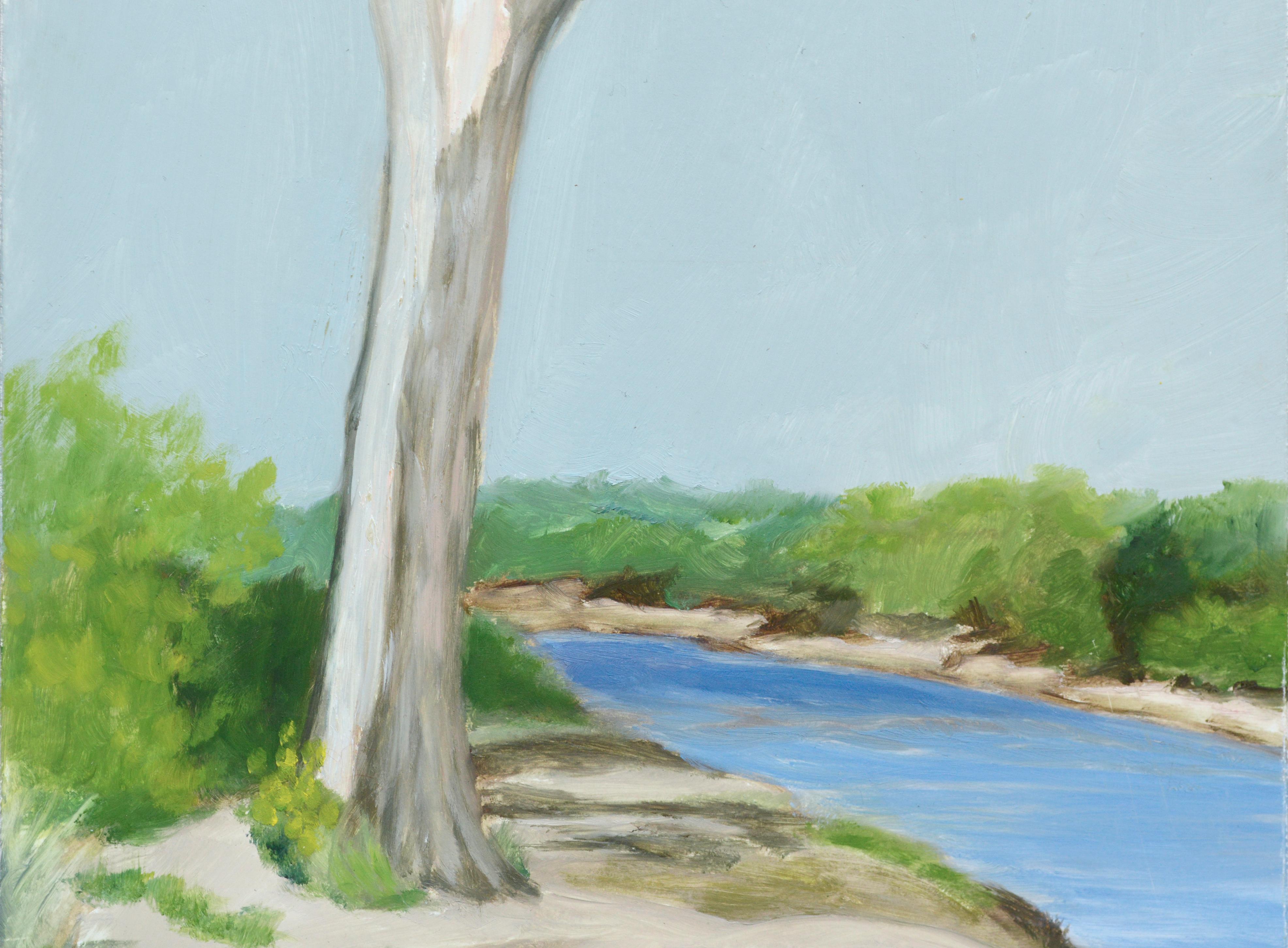 Árbol a la orilla del río - Paisaje al óleo sobre masonita - Painting Contemporáneo de Susan Reinier