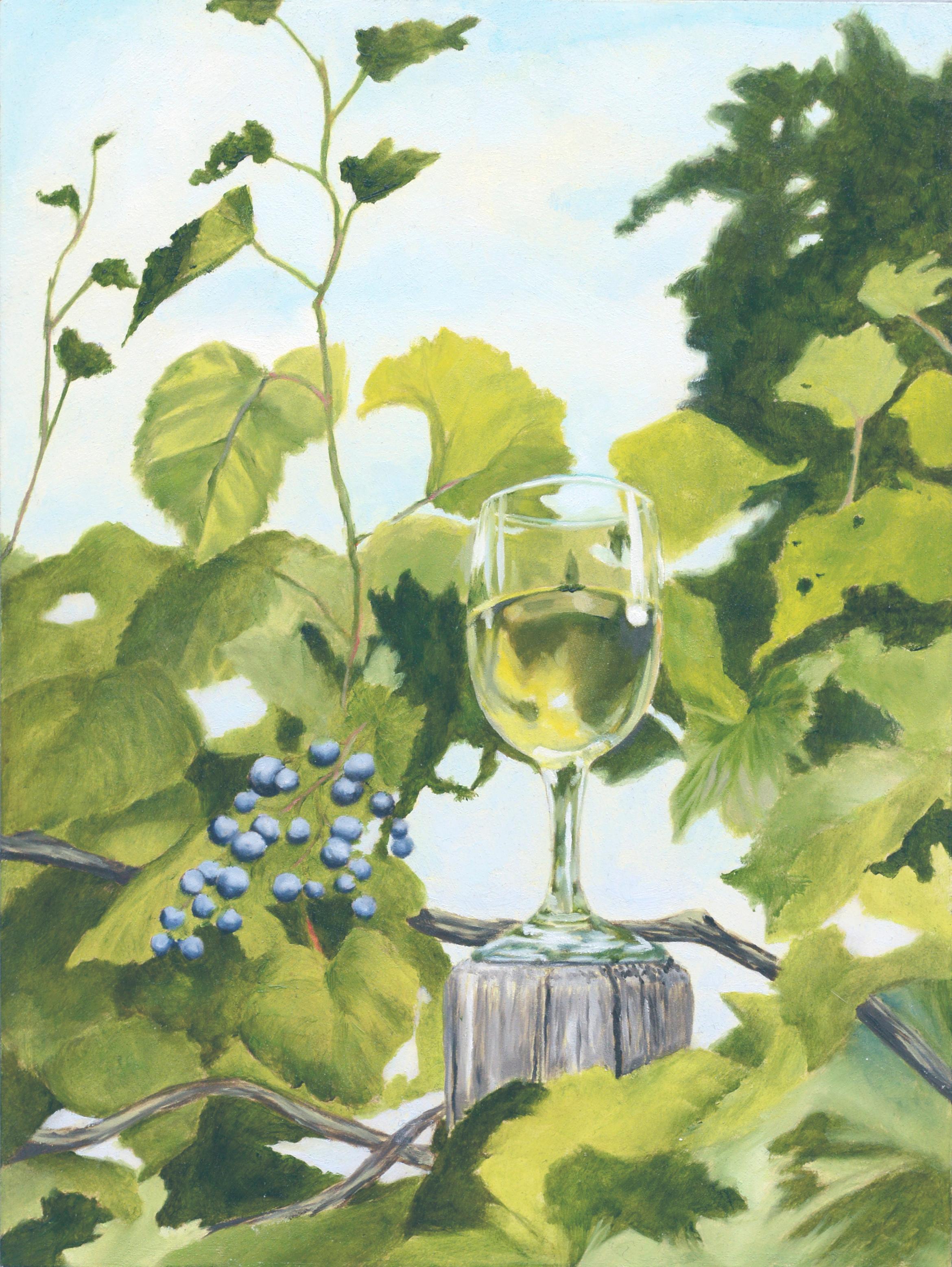 Landscape Painting di Susan Reinier - "Vite di vino" Natura morta in olio su masonite