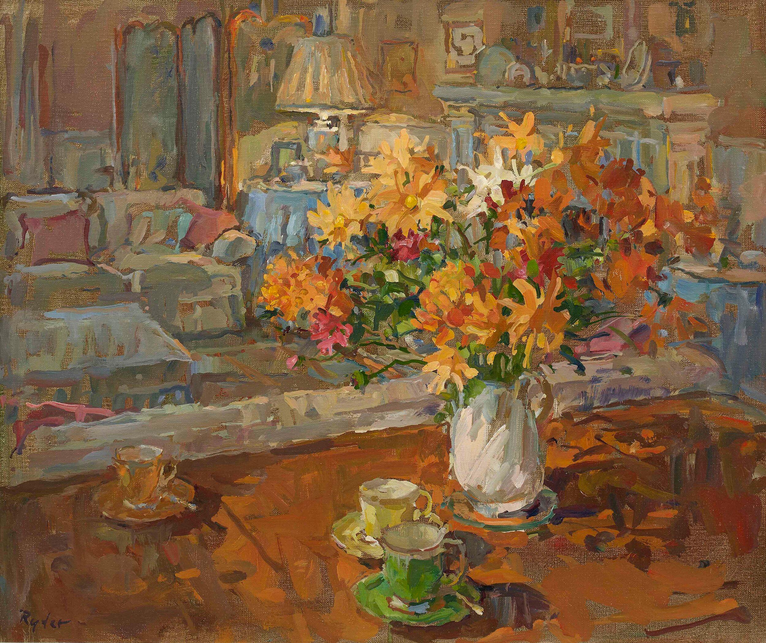Coffee and Chrysanthemum - Painting by Susan Ryder