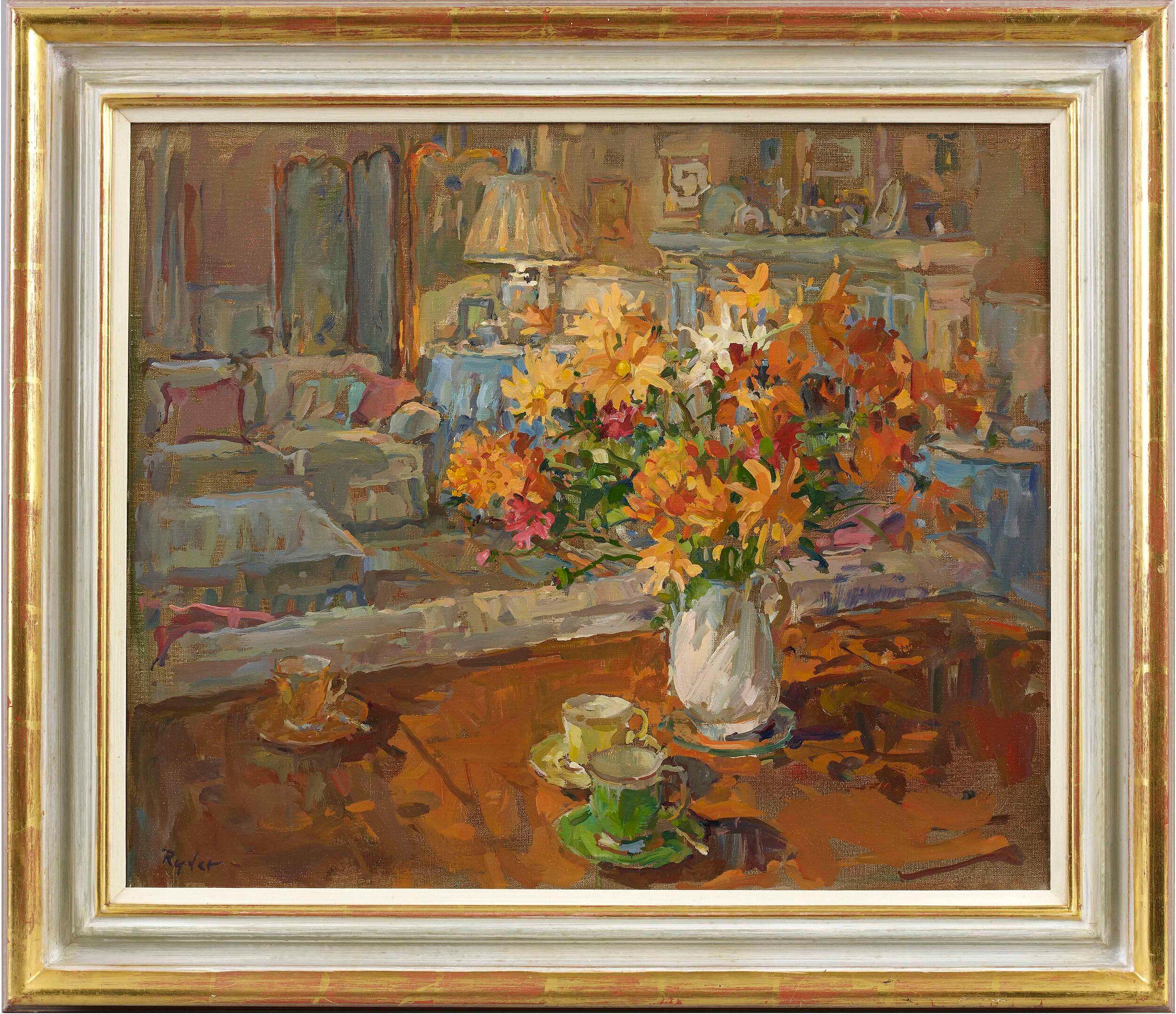 Susan Ryder Still-Life Painting - Coffee and Chrysanthemum