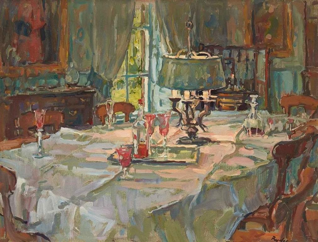 Susan Ryder Still-Life Painting - Dining Table with French Lamp