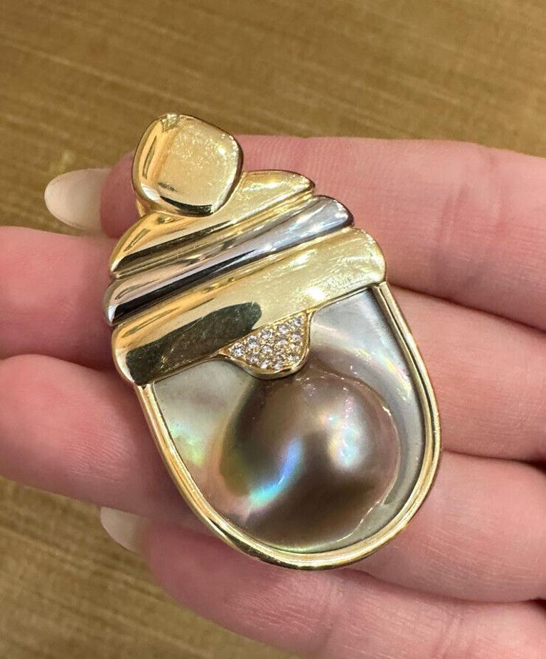 Susan Sadler Large Pearl and Diamond Pendant in 18k White Gold and Yellow Gold In Excellent Condition For Sale In La Jolla, CA