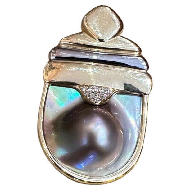 Susan Sadler Large Pearl and Diamond Pendant in 18k White Gold and Yellow Gold