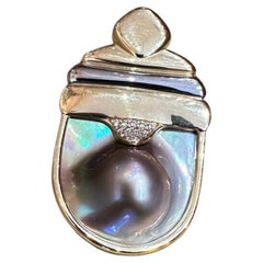 Susan Sadler Large Pearl and Diamond Pendant in 18k White Gold and Yellow Gold